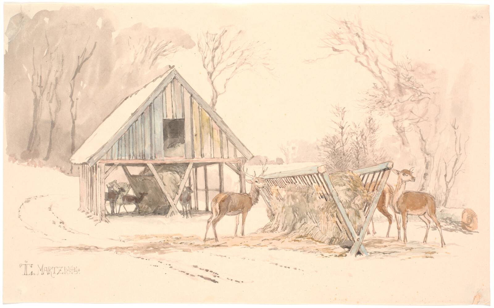 Foderhækkene til vildtet i Dyrehaven, Johan Thomas Lundbye, 1845