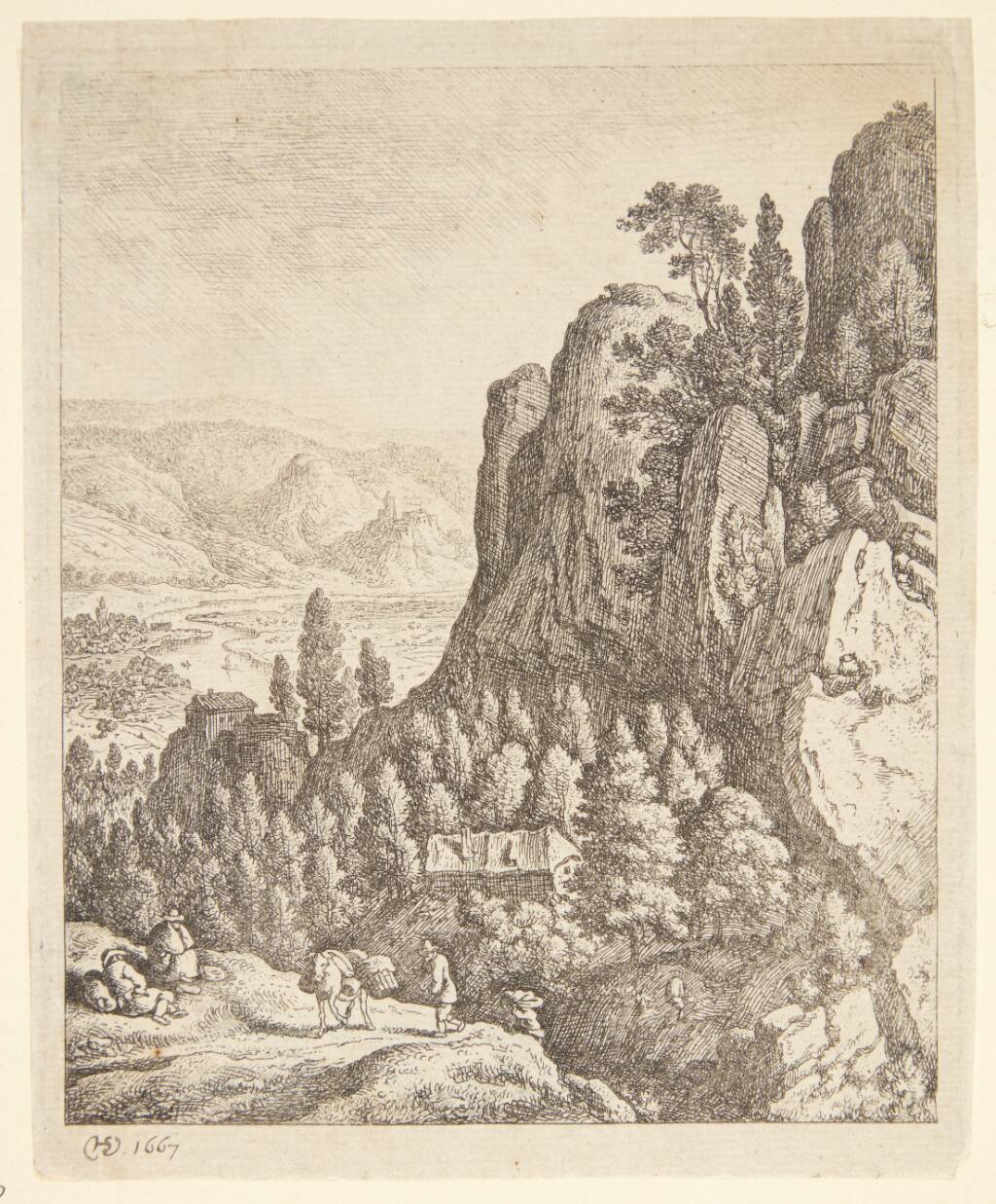 Vejfarende i et bjerglandskab, i baggrunden huse på klipper og en floddal, Herman Saftleven, 1667