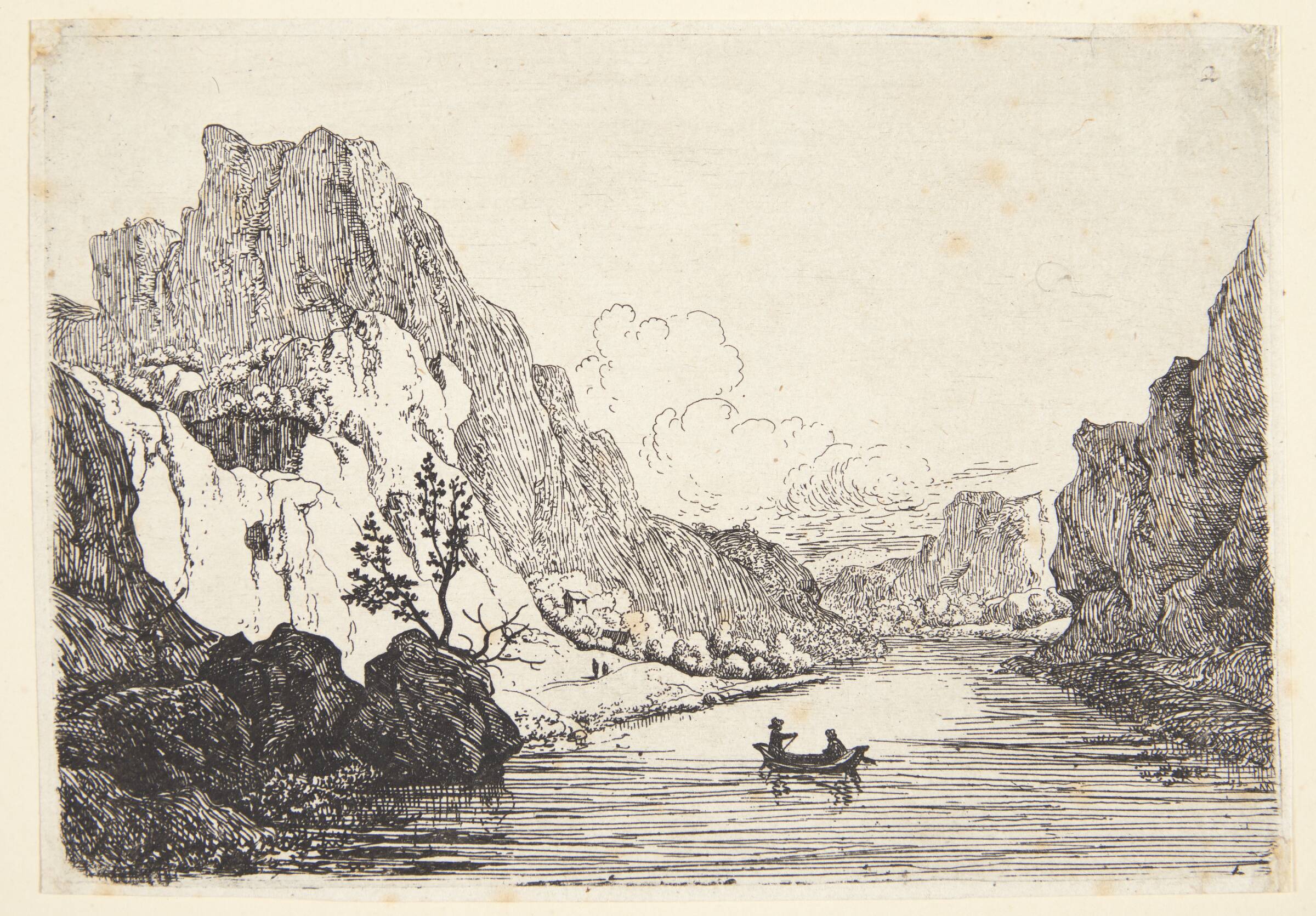Flod mellem høje klipper, midtfor en lille båd med to personer, Jan van Aken, 1614-1661