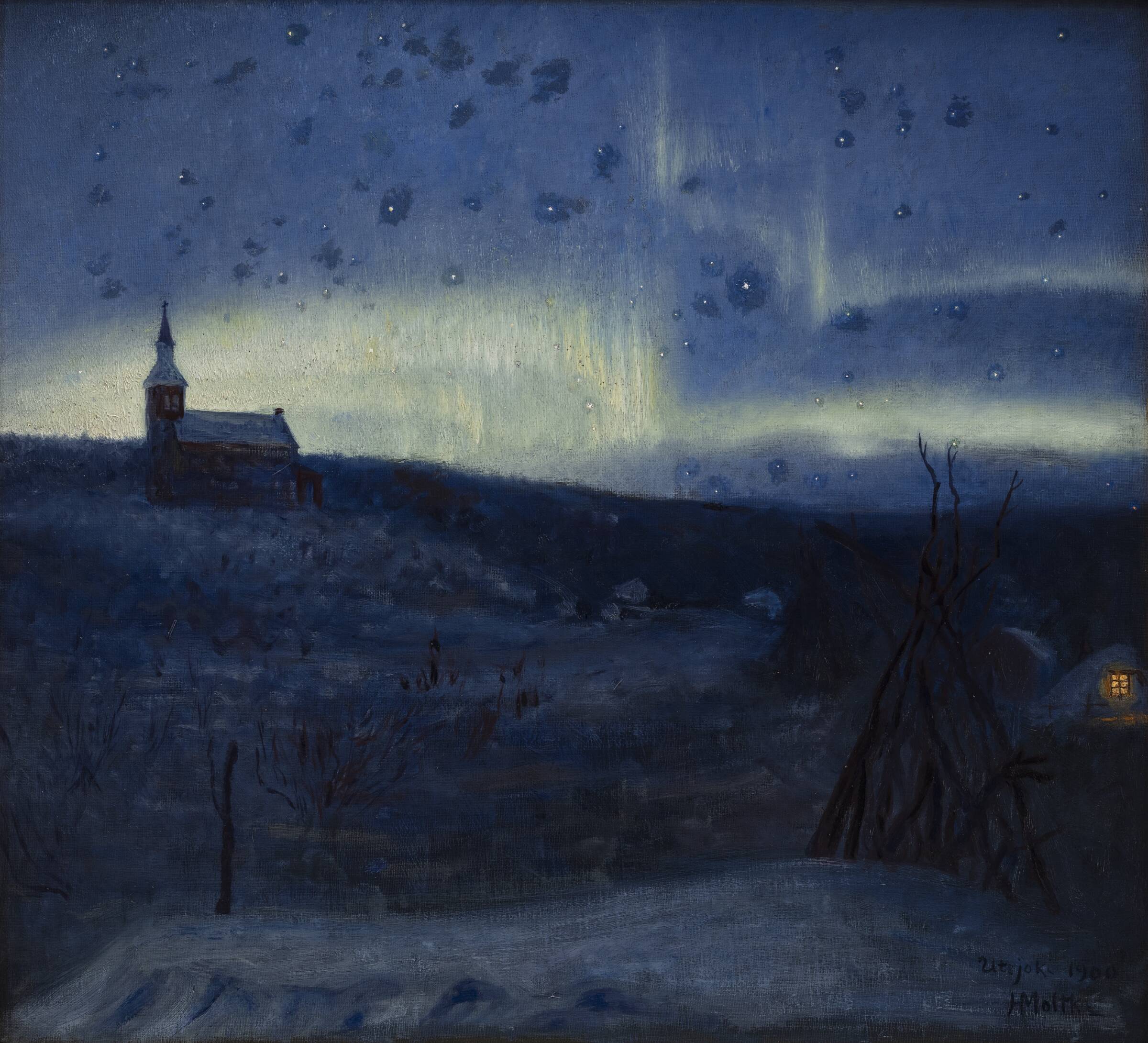 Nordlys 28. december 1900, kl. 23.50. Utsjoki. Set mod nord-nordvest, Moltke, Harald, 1900