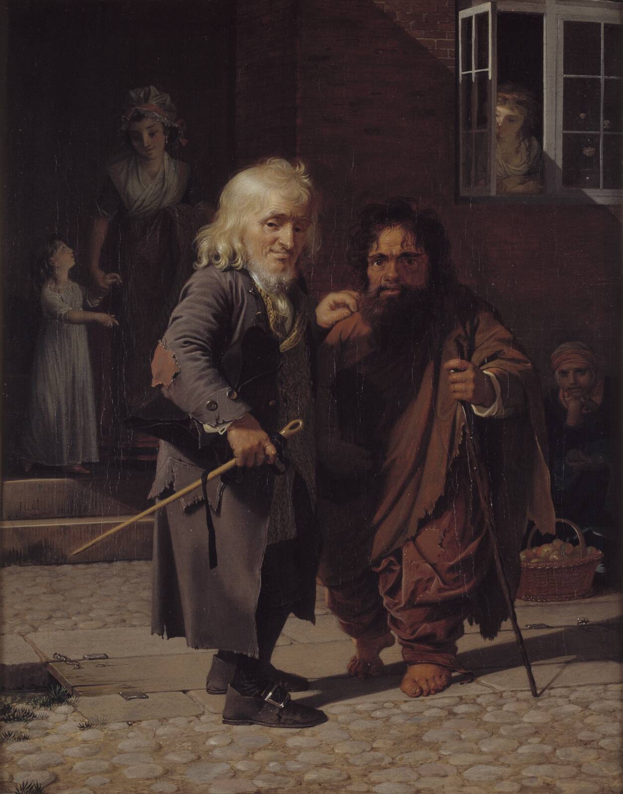 Two Dwarfs: Obligeert, a Jewish pigtail-ribbon Vendor, beside the Roman Dwarf Bajocco in one of the Streets of Copenhagen, by Jens Juel, 1790-1800