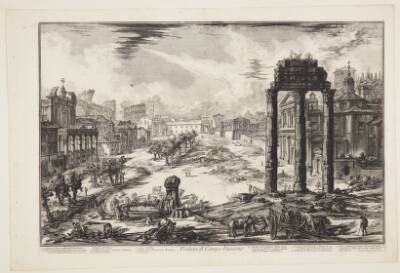 Forum Romanum, eller Campo Vaccino, Antoninus' og Faustina's tempel til venstre, templet for Castor og Pollux til højre og Colosseum i det fjerne