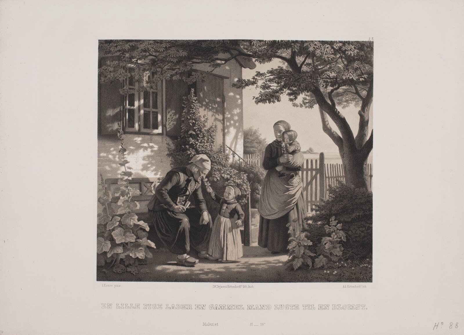En lille pige lader en gammel mand lugte til en blomst, by Adolph Kittendorff, 1880-1889