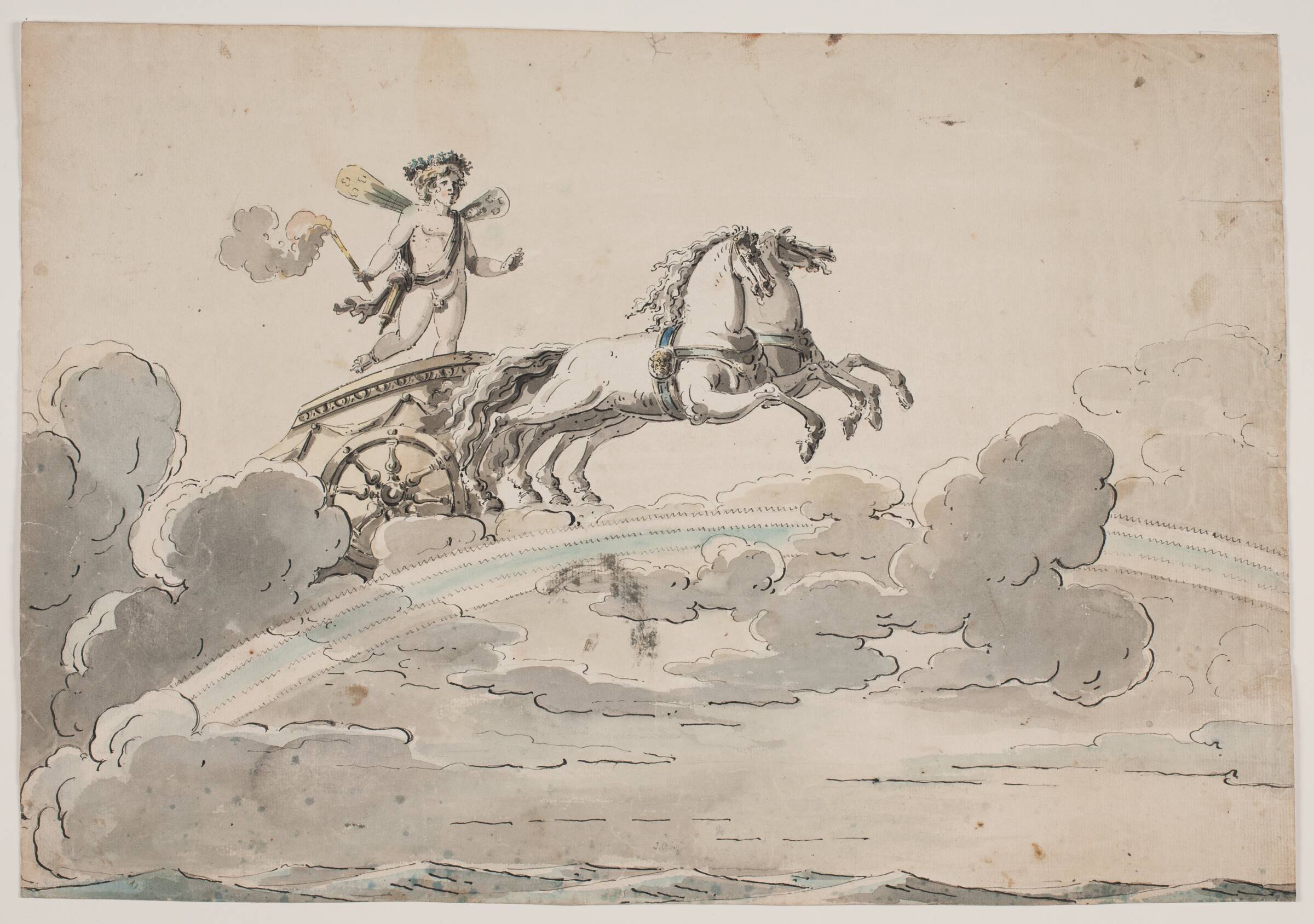 Amor (Eros) kørende i en vogn på regnbuen, Jens Petersen Lund, 1765-1865