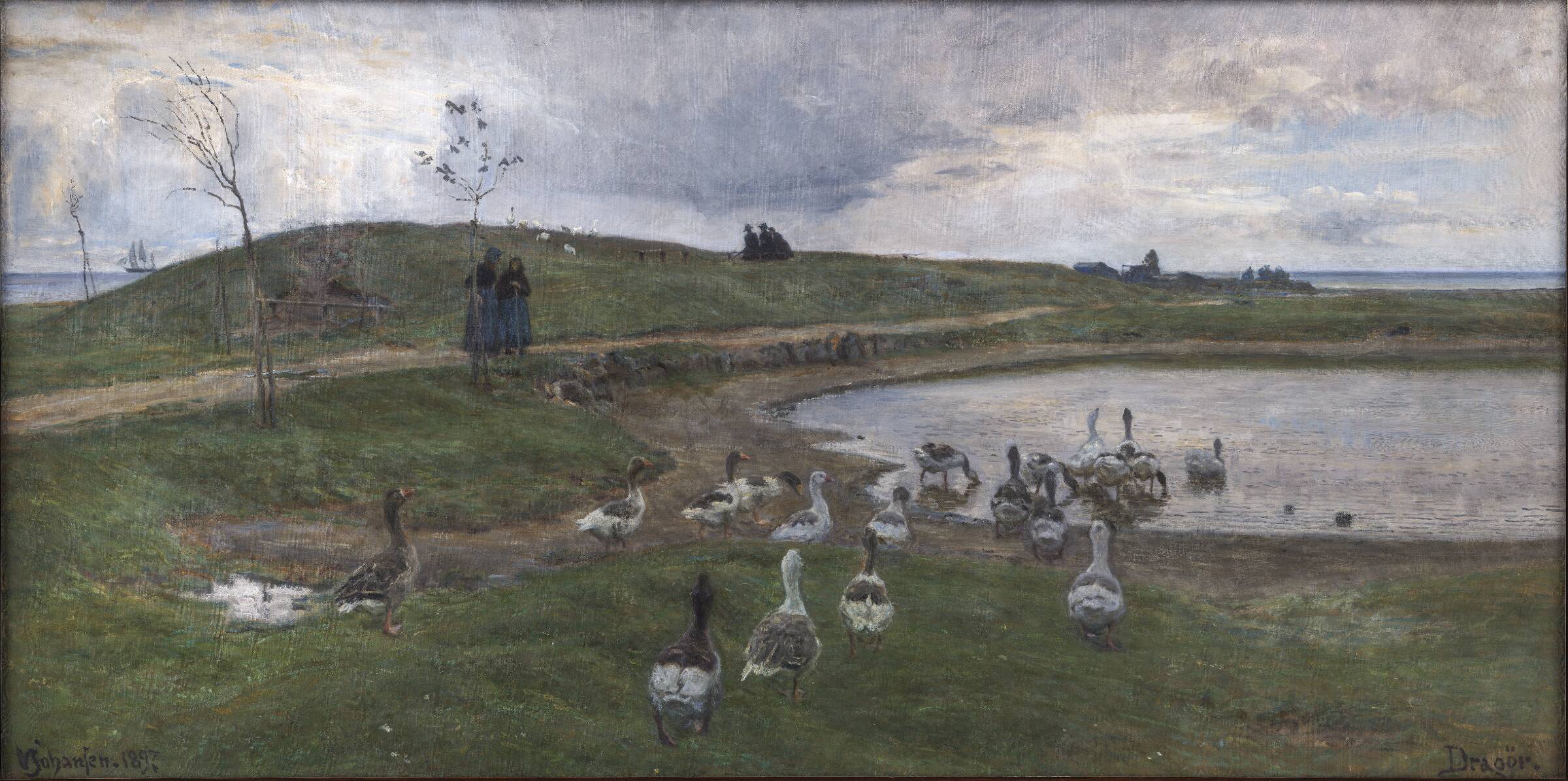 Gæs ved en sø. Mod uroligt vejr. Dragør, Viggo Johansen, 1897