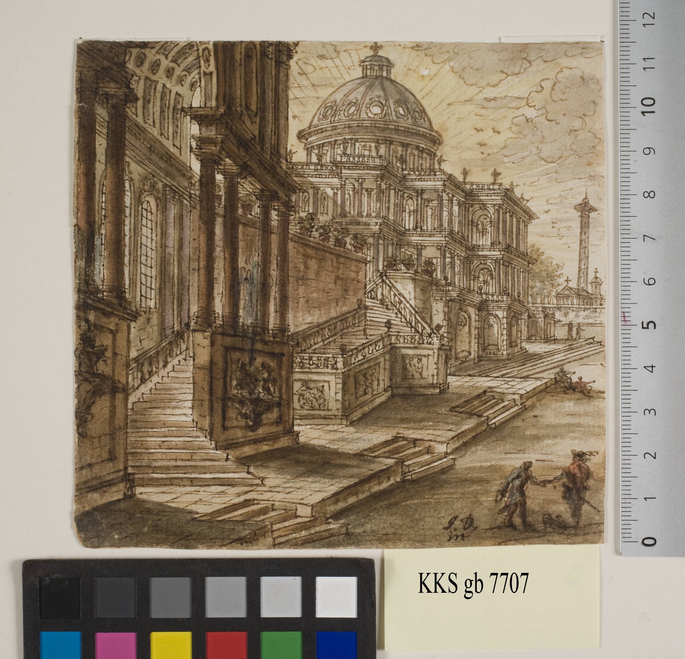 Fantasiprospekt i modlys med en monumentaltrappe, en kuppel samt en triumfsøjle, John Devoto, 1708-1752