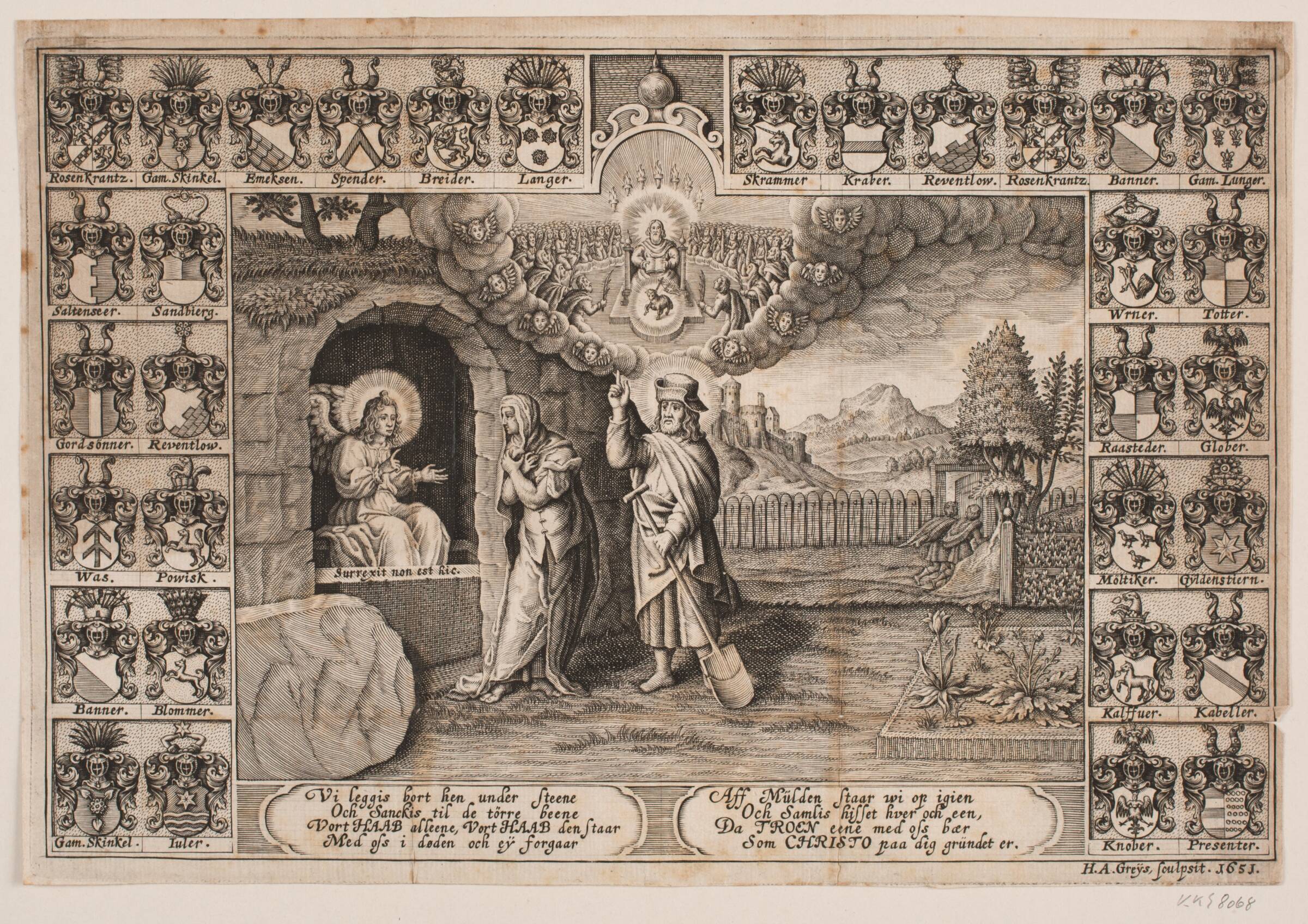 Titelblad til ligprædiken over Ida Langs med fremstilling af Kristus som gartner og Maria Magdalene, Hans Andreas Greys, 1651