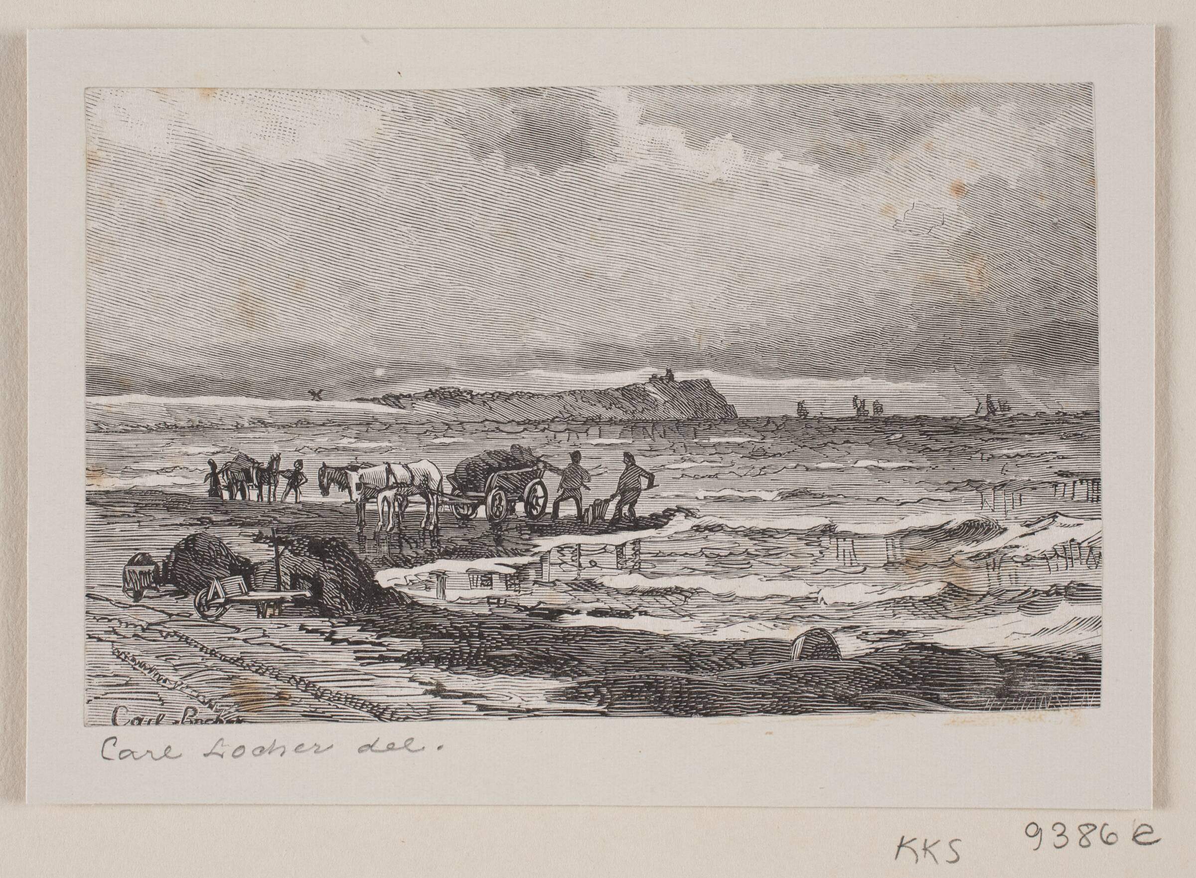 Stranden nord for Hornbæk. Der køres tang, Hans Peter Hansen, 1851-1915