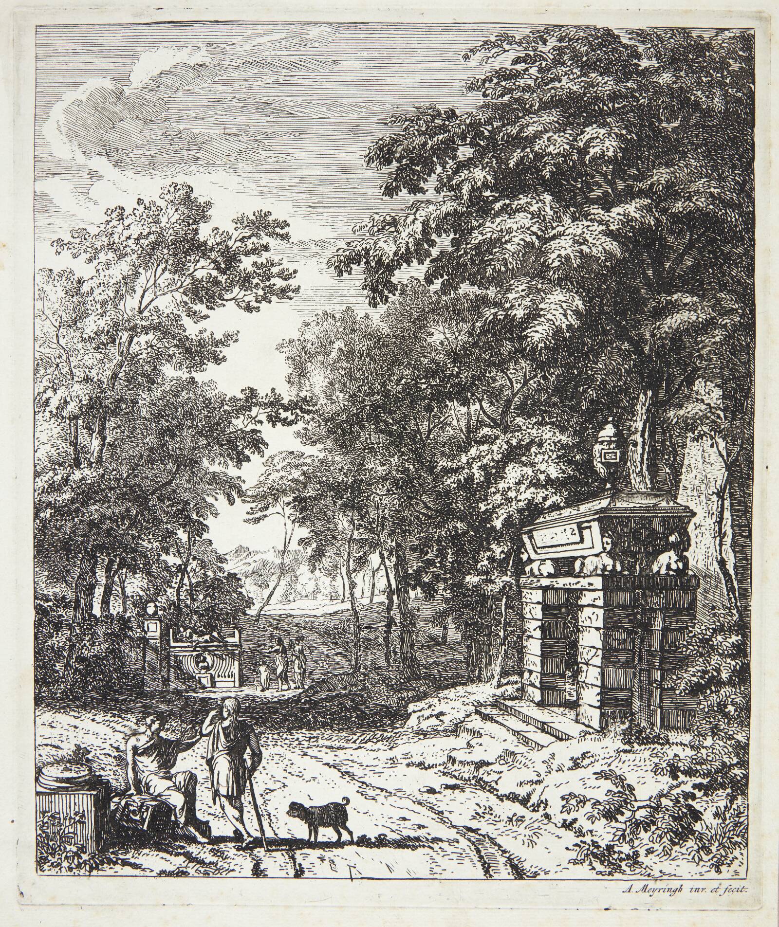 To vejfarende ved et gravmonument, Albert Meyering, 1645-1714