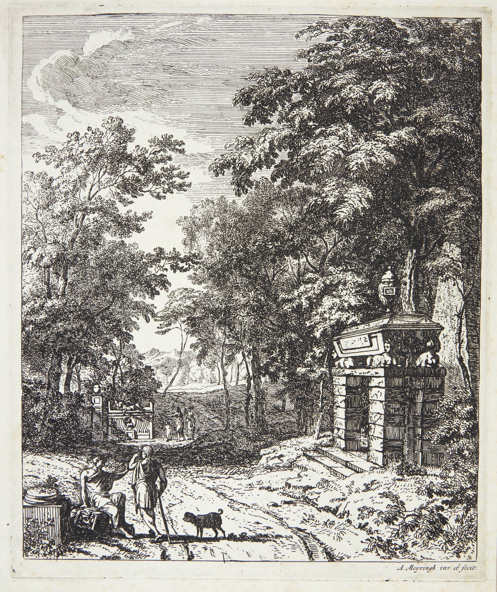 To vejfarende ved et gravmonument