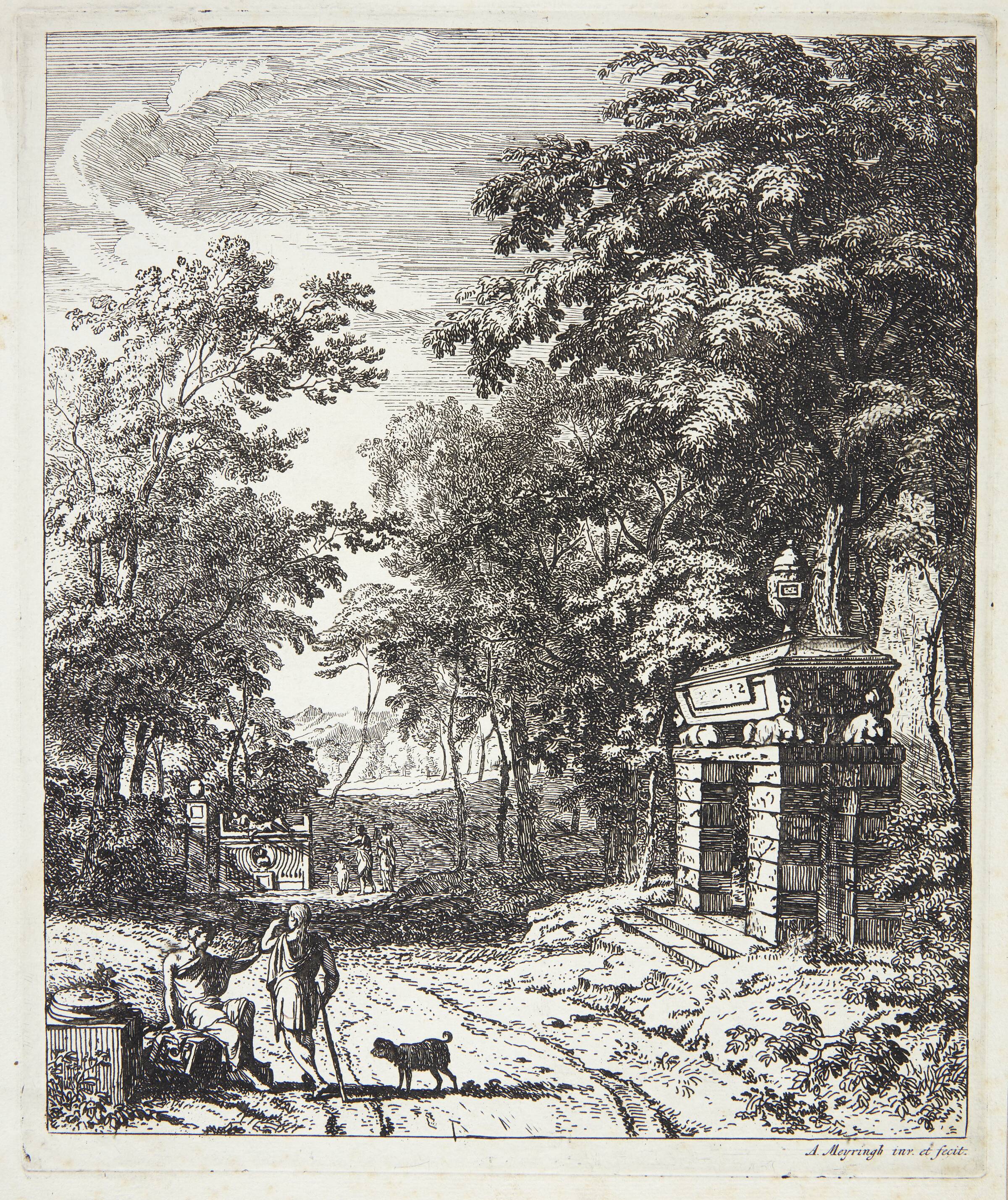 To vejfarende ved et gravmonument, Albert Meyering, 1645-1714
