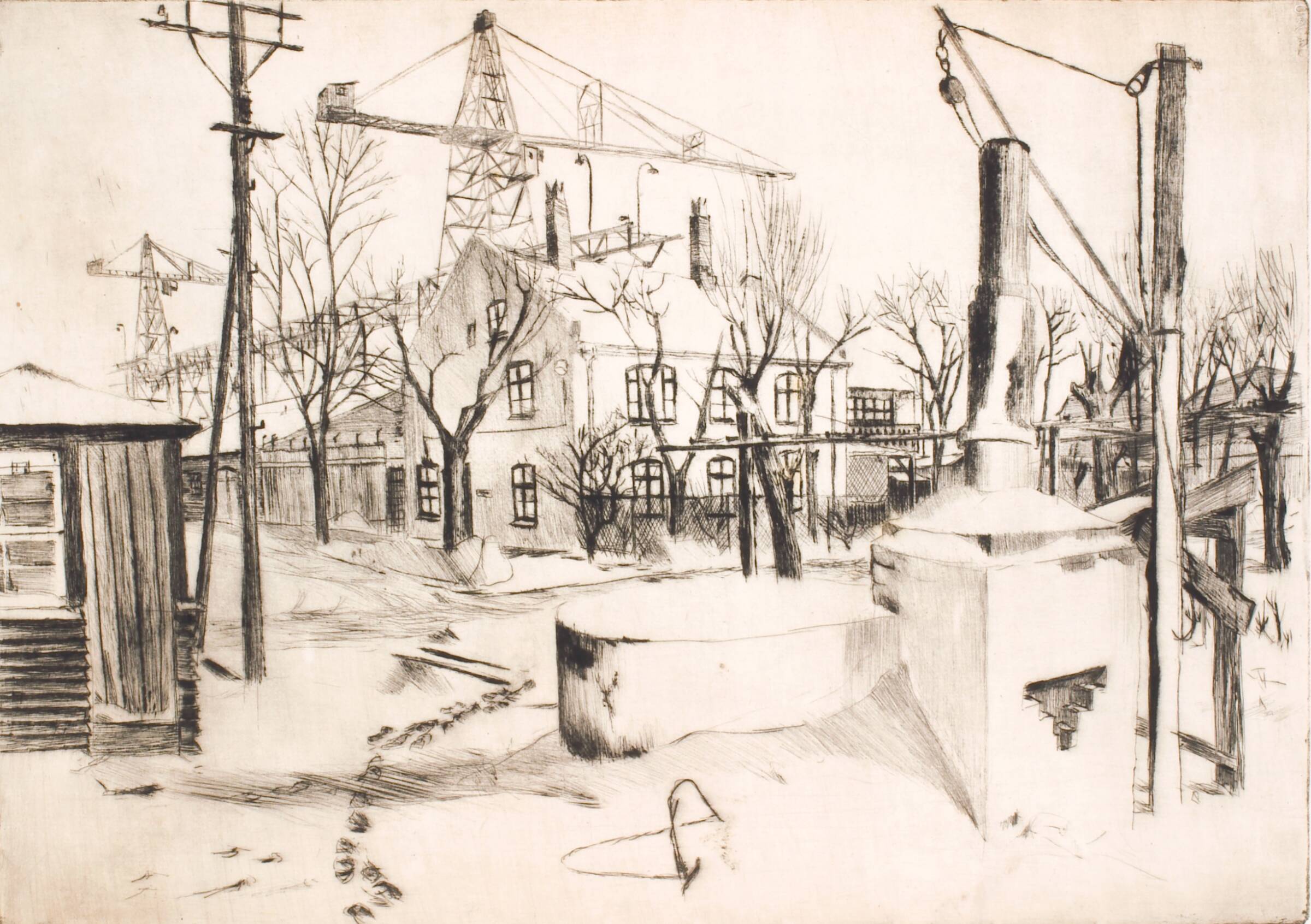 Industriområde med kraner i baggrunden, Gunnar Aagaard Andersen, 1940