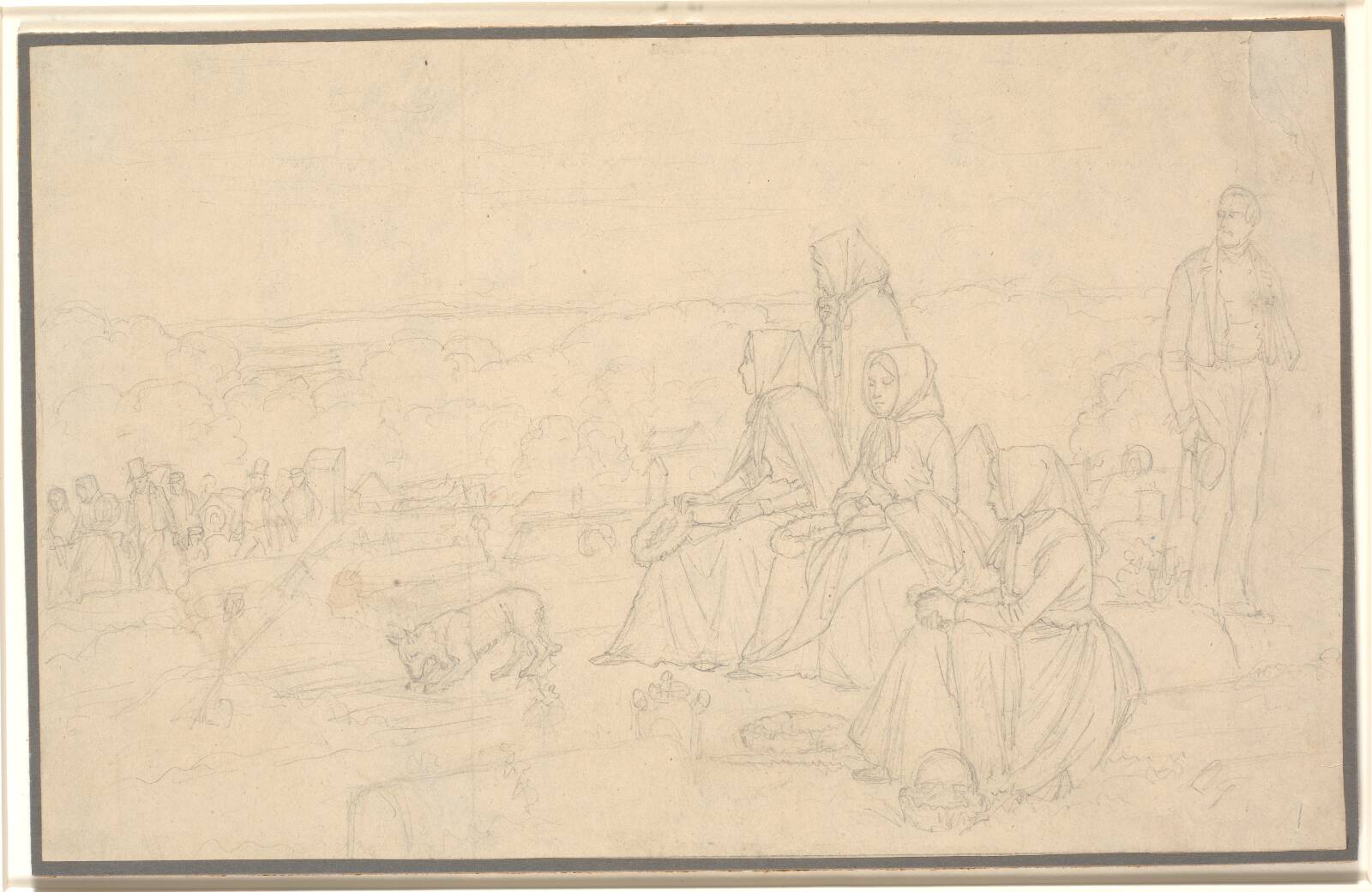 En ligfærd. Ved graven, i forgrunden venter kvinderne for at pynte den. Motiv fra det nordlige Sjælland, by Jørgen V. Sonne, 1857-1860