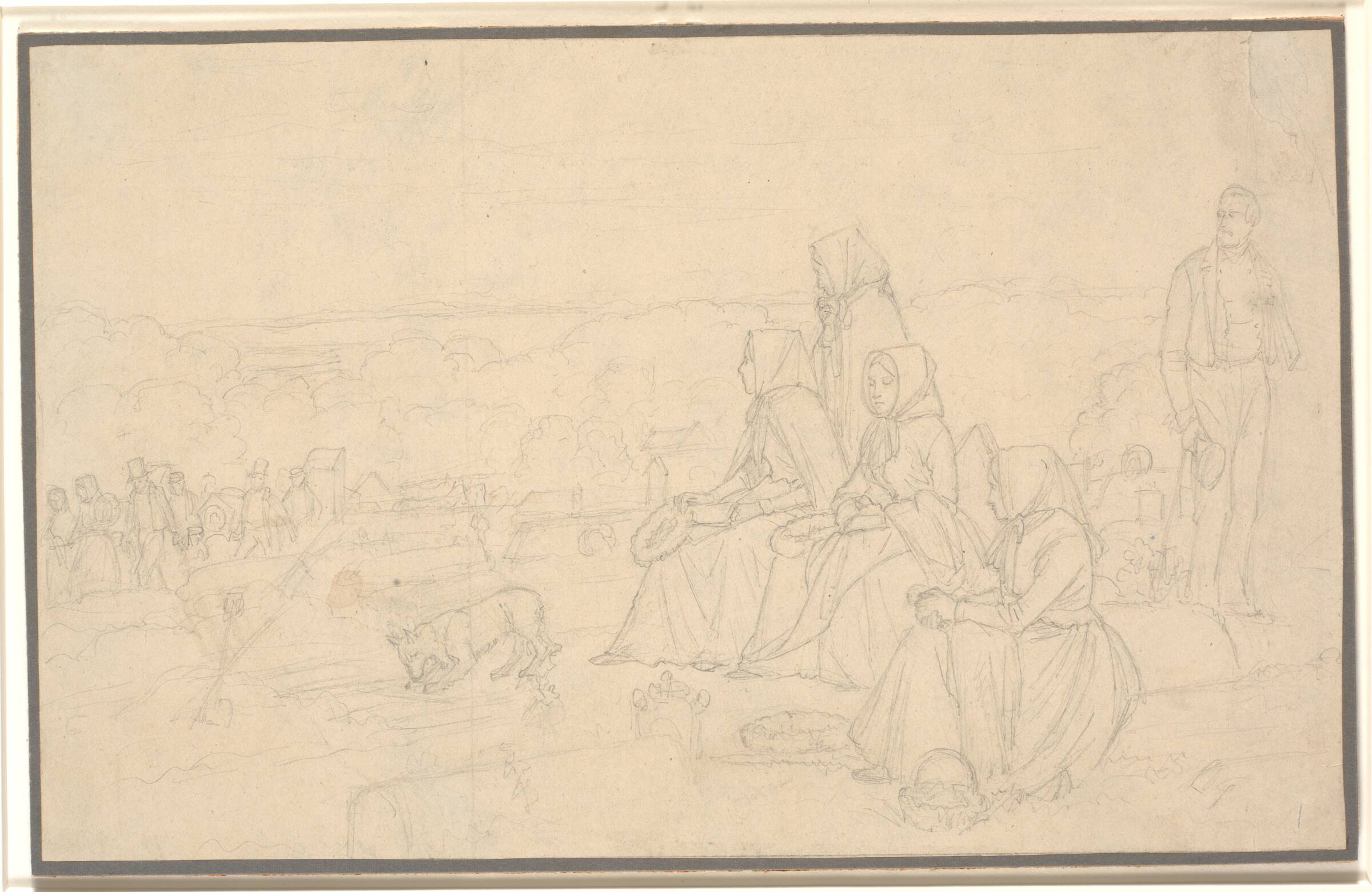 En ligfærd. Ved graven, i forgrunden venter kvinderne for at pynte den. Motiv fra det nordlige Sjælland, Jørgen V. Sonne, 1857-1860