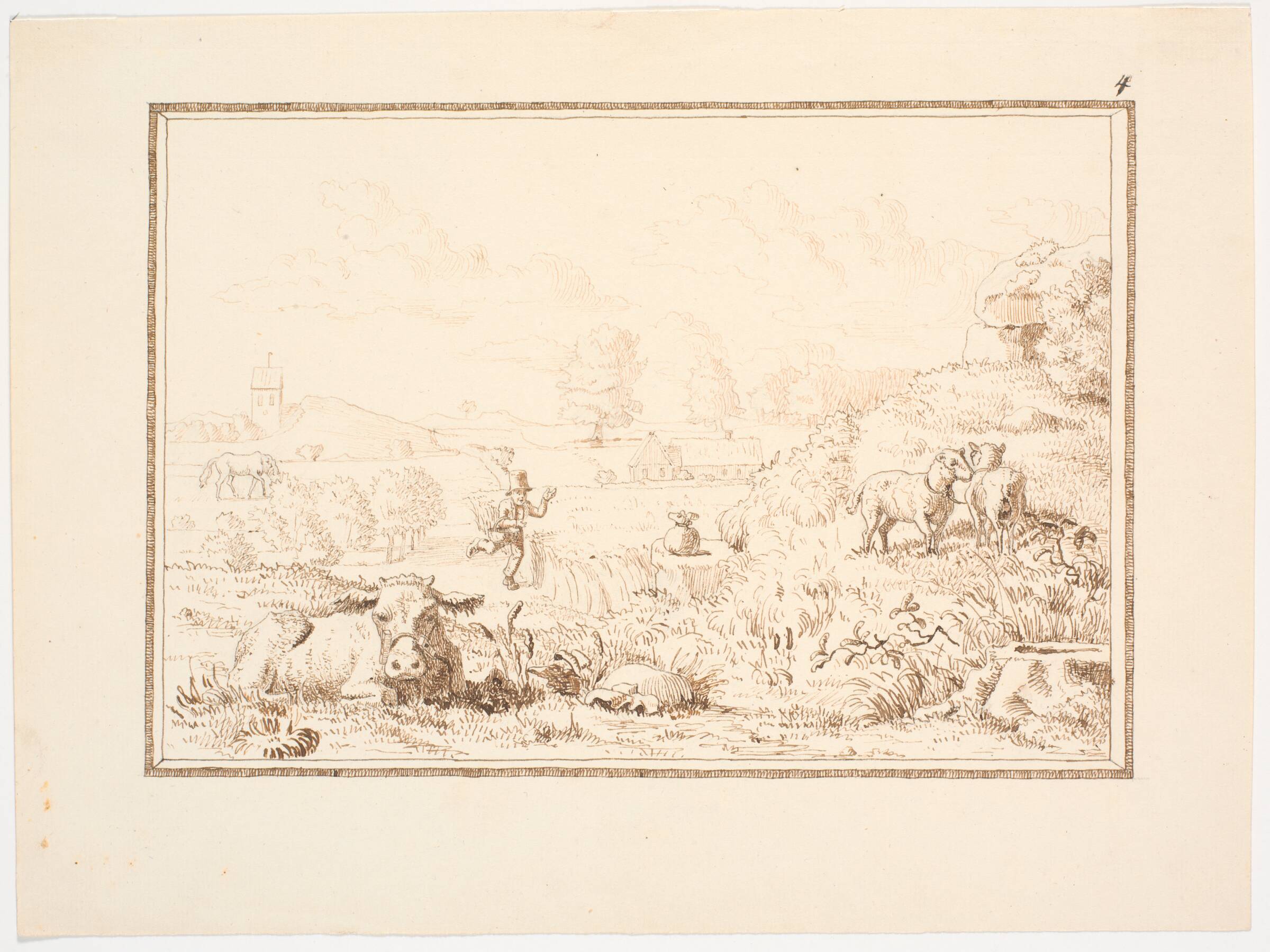 Landskab med løbende bondedreng, dyr, kirke og høj (illustration til eventyret "Bjergmanden og Tordenvejret"), Christen Dalsgaard, 1824-1907