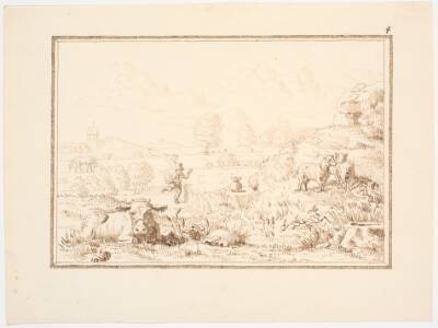 Landskab med løbende bondedreng, dyr, kirke og høj (illustration til eventyret "Bjergmanden og Tordenvejret")