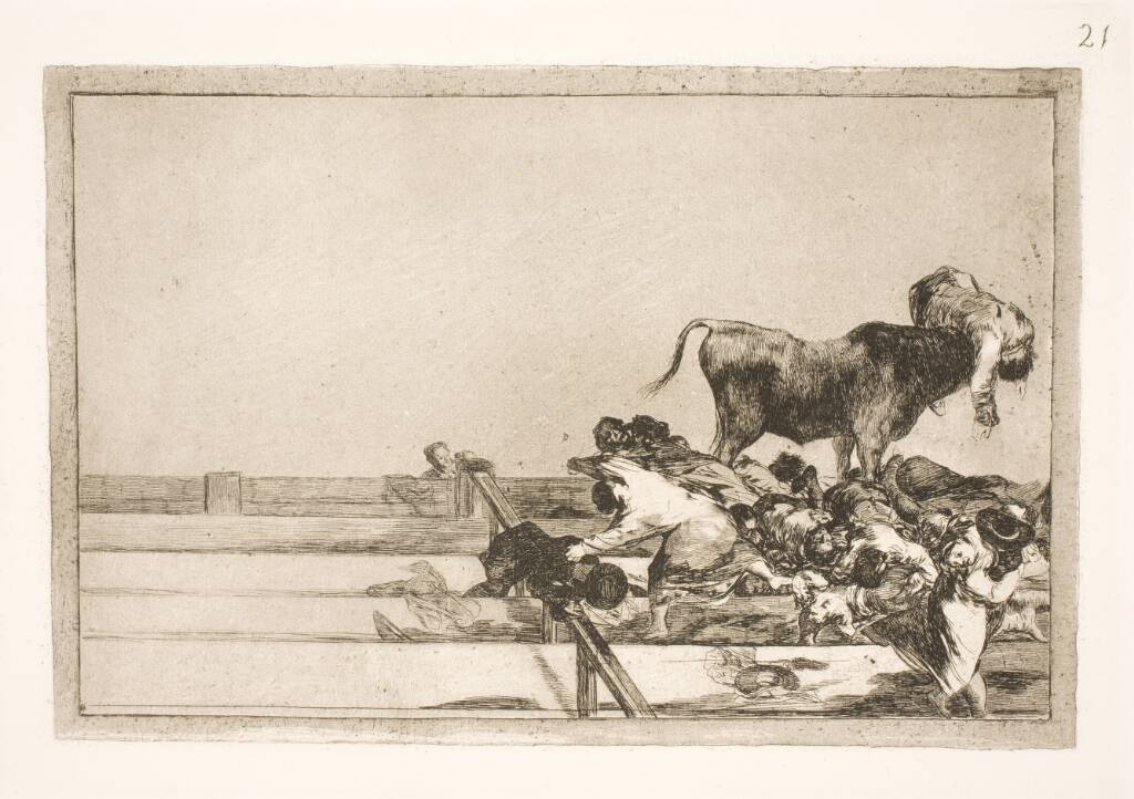 Frygtelige begivenheder på de forreste rækker i arenaen i Madrid og borgmesteren i Torrejon's død, Francisco de Goya, 1815-1816