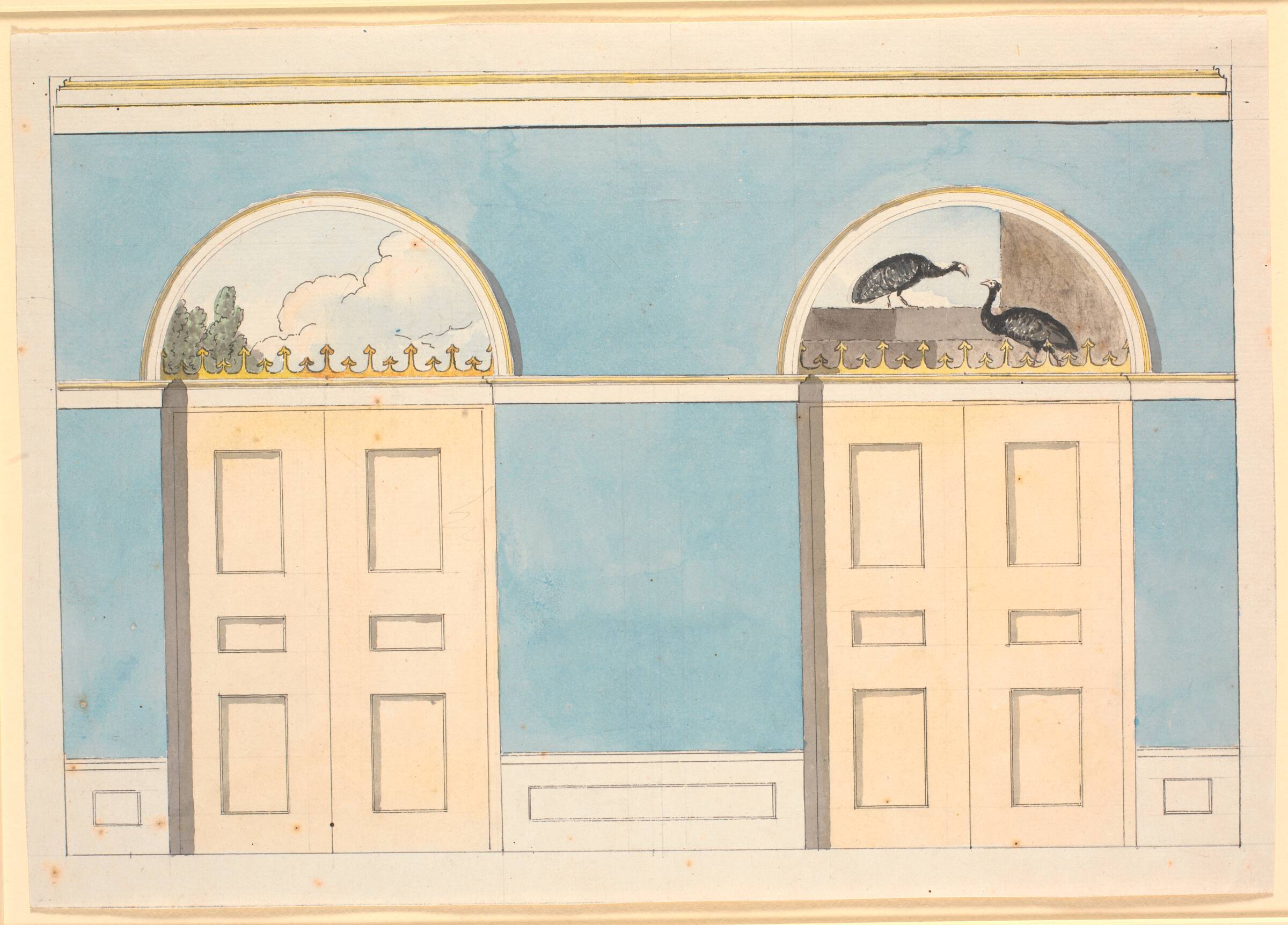 Udkast til vægdekoration med halvrunde felter over to døre, på blå vægge, Nicolai Abildgaard, 1743-1809