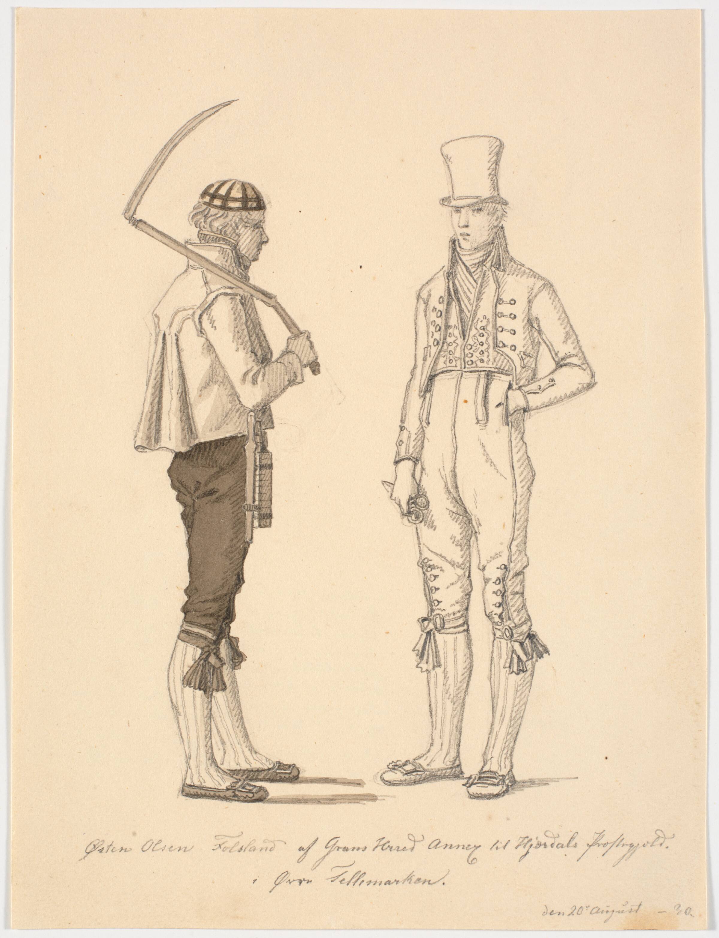 Stående bonde med le og bonde i stadsdragt, Martinus Rørbye, 1830