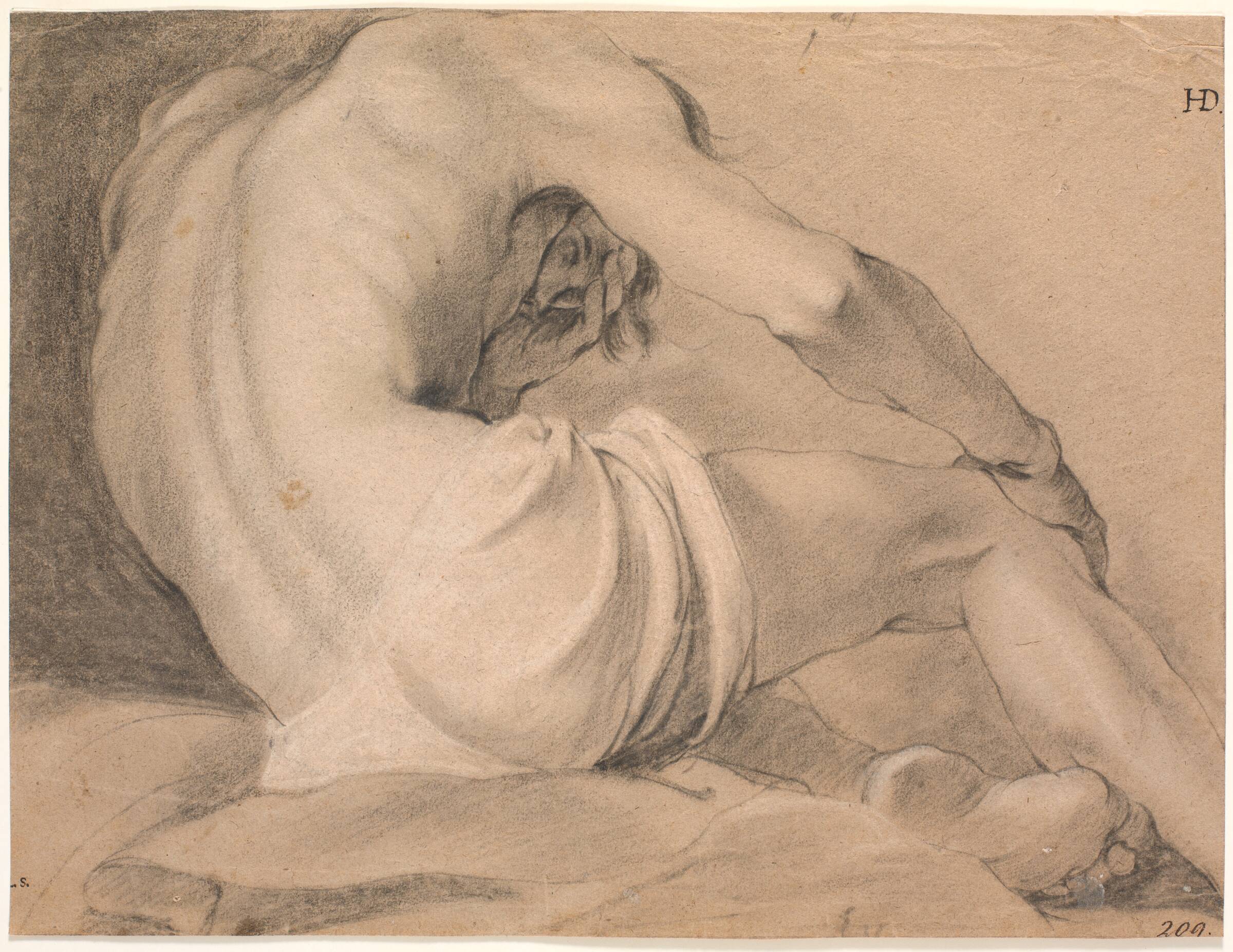 Siddende mandlig model, set bagfra fra neden, Heinrich Dittmers, 1625-1677
