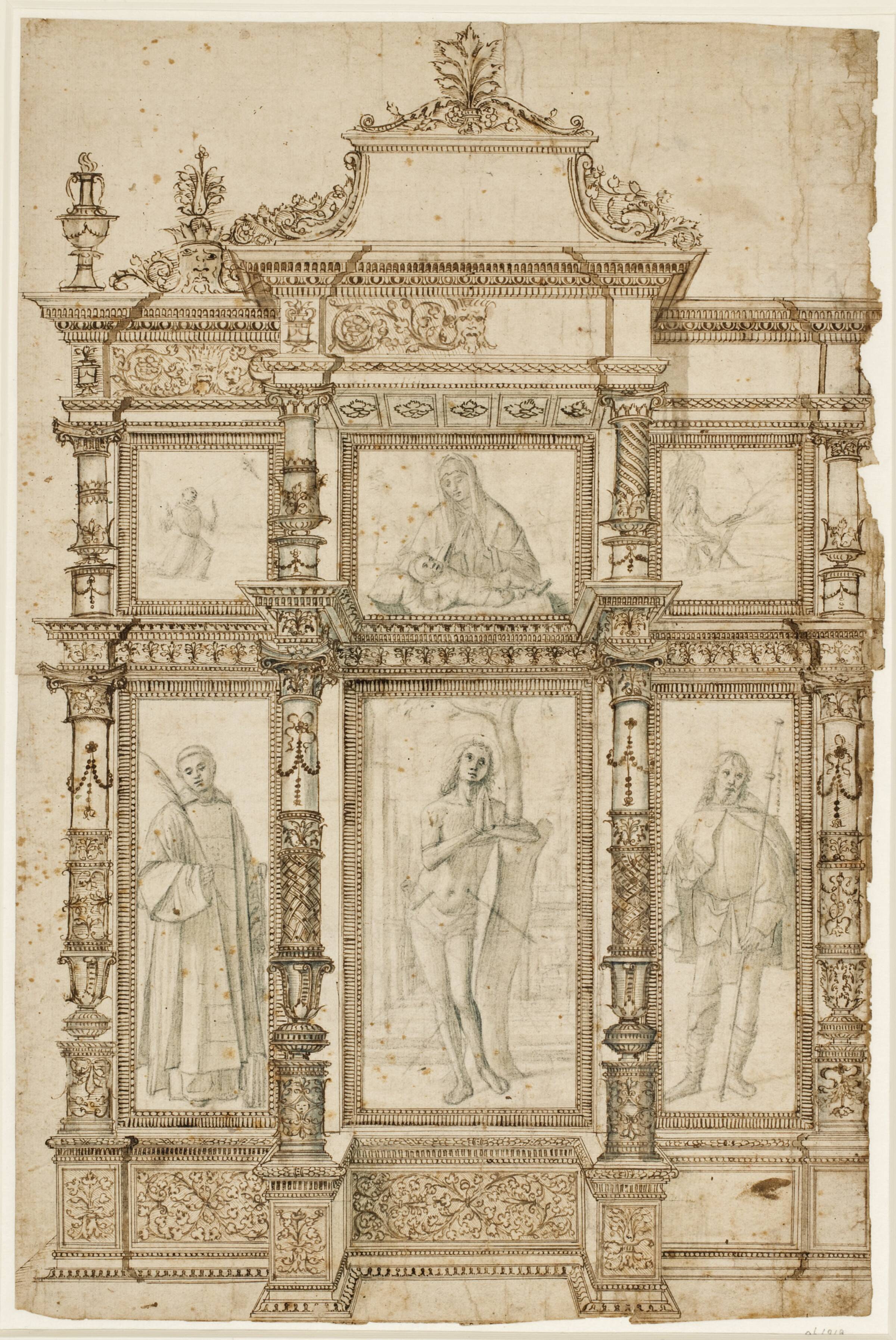 Studie til en altertavle med seks billeder i en ornamenteret ramme. F.o.: Sankt Frans' stigmatisering, Jomfru Maria med Jesusbarnet og Johanns Døberen i ørkenen. F.n.: Helgenerne Laurentius, Sebastian og Rochus, Vittore Carpaccio, 1460-1526