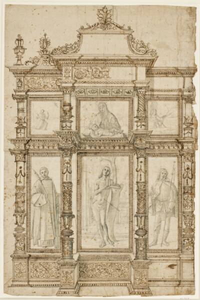 Studie til en altertavle med seks billeder i en ornamenteret ramme. F.o.: Sankt Frans' stigmatisering, Jomfru Maria med Jesusbarnet og Johanns Døberen i ørkenen. F.n.: Helgenerne Laurentius, Sebastian og Rochus
