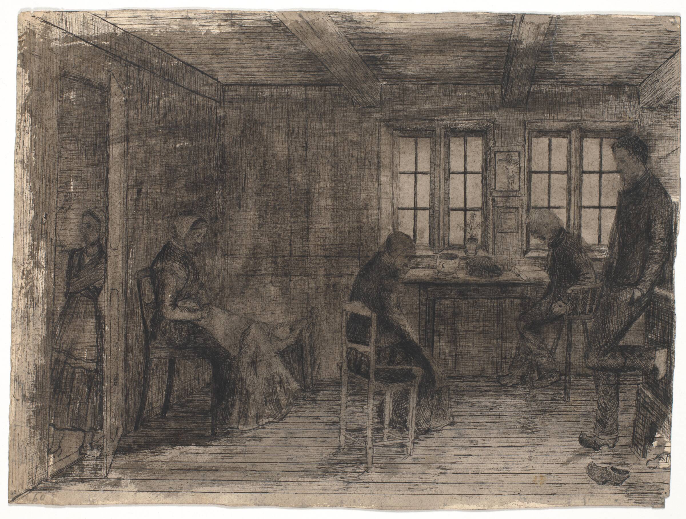 Interiør fra en bondestue med fem personer, Poul S. Christiansen, 1878-1881