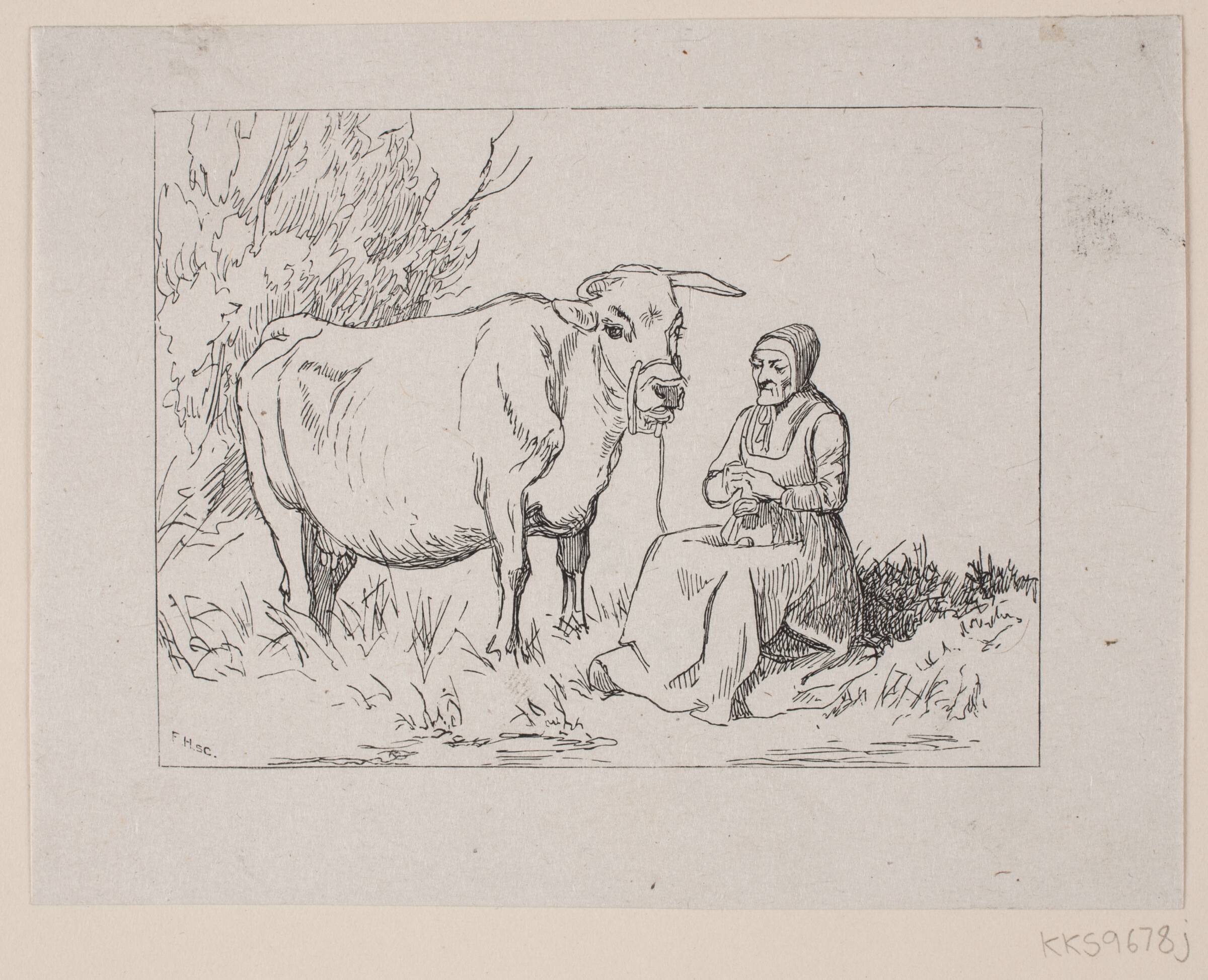 Strikkende Bondekonde med en Ko, F. Hendriksen, 1877