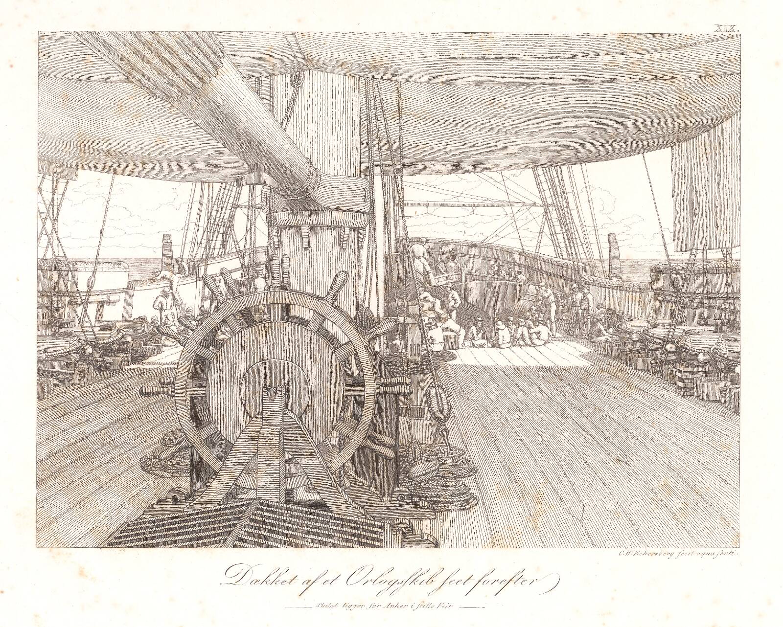 Dækket af et orlogsskib, set forefter., C.W. Eckersberg, 1834