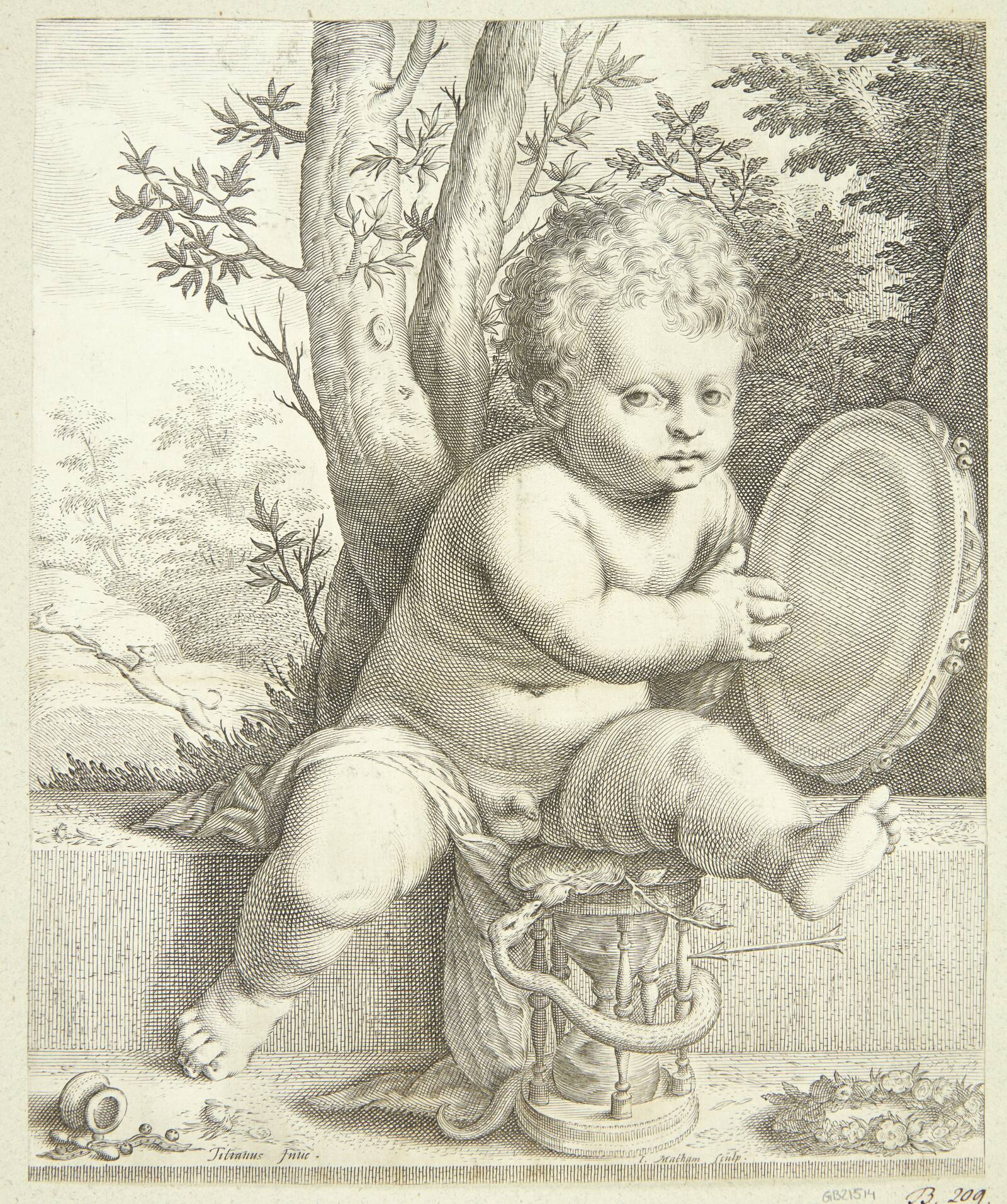 Et barn, der spiller tamburin, Jacob Matham, 1593-1596