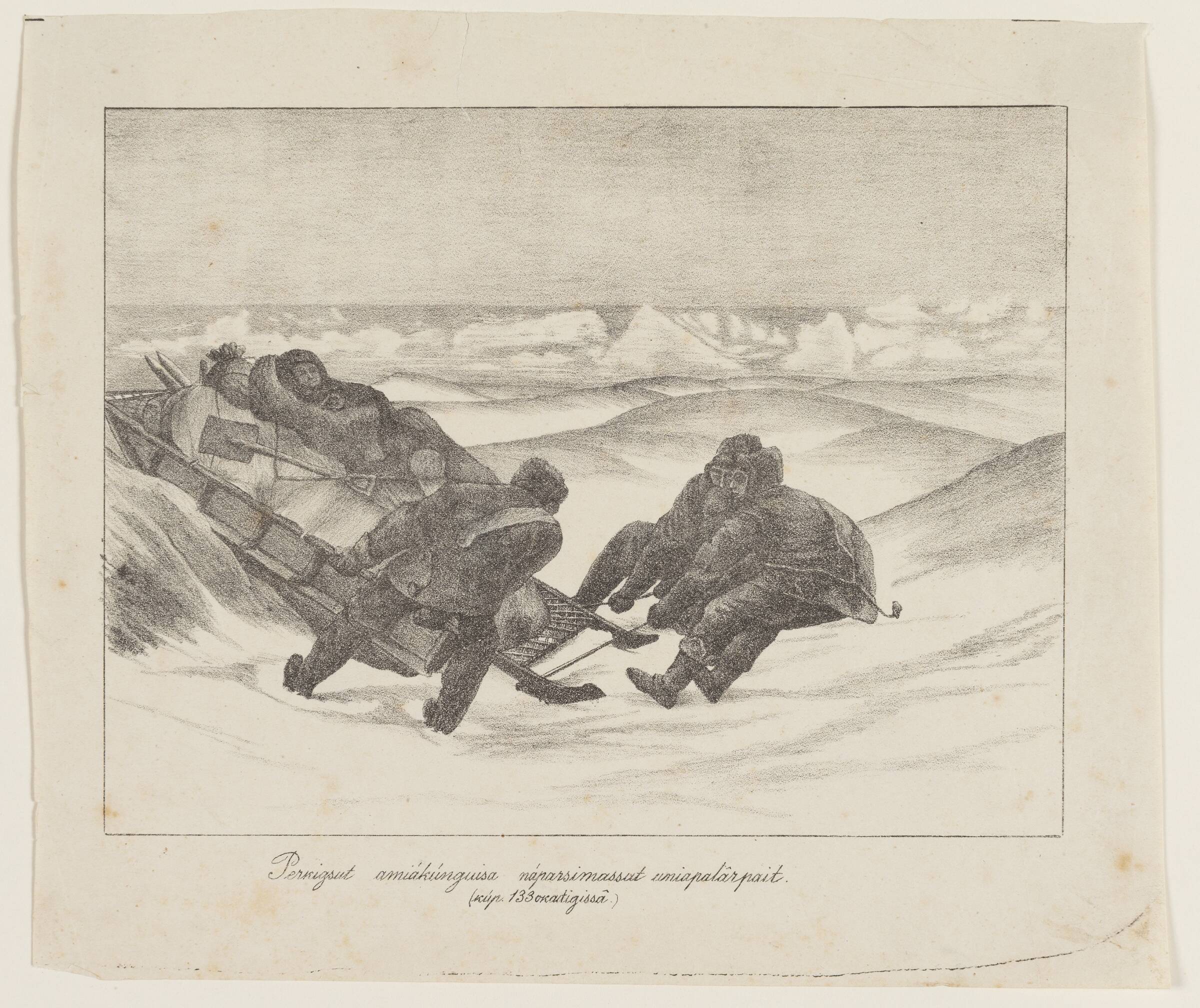 Mænd, der trækker en slæde fri ("PerKigsut amiákúnguisa náparsimassut uniapalârpait"), Lars Møller, 1878-1879