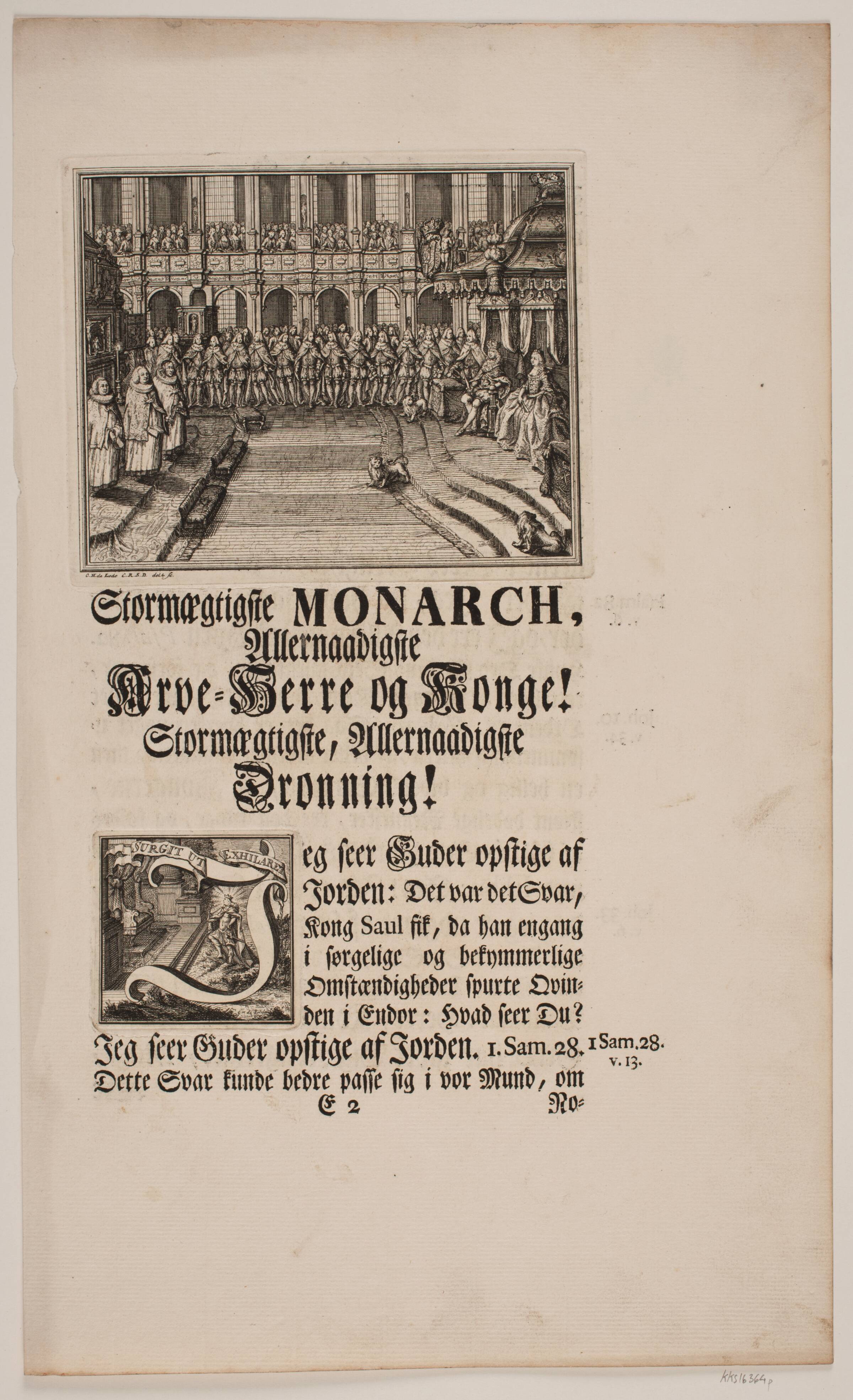 Kong Frederik V og Dronning Louise under salvingshøjtidelighed i Frederiksborg Slotskirke. Illustration og Vignet til Frederik d. IV's salvingsakt, Odvardt Helmoldt de Lode, 1749