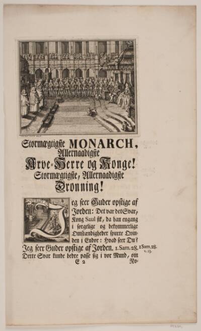 Kong Frederik V og Dronning Louise under salvingshøjtidelighed i Frederiksborg Slotskirke. Illustration og Vignet til Frederik d. IV's salvingsakt