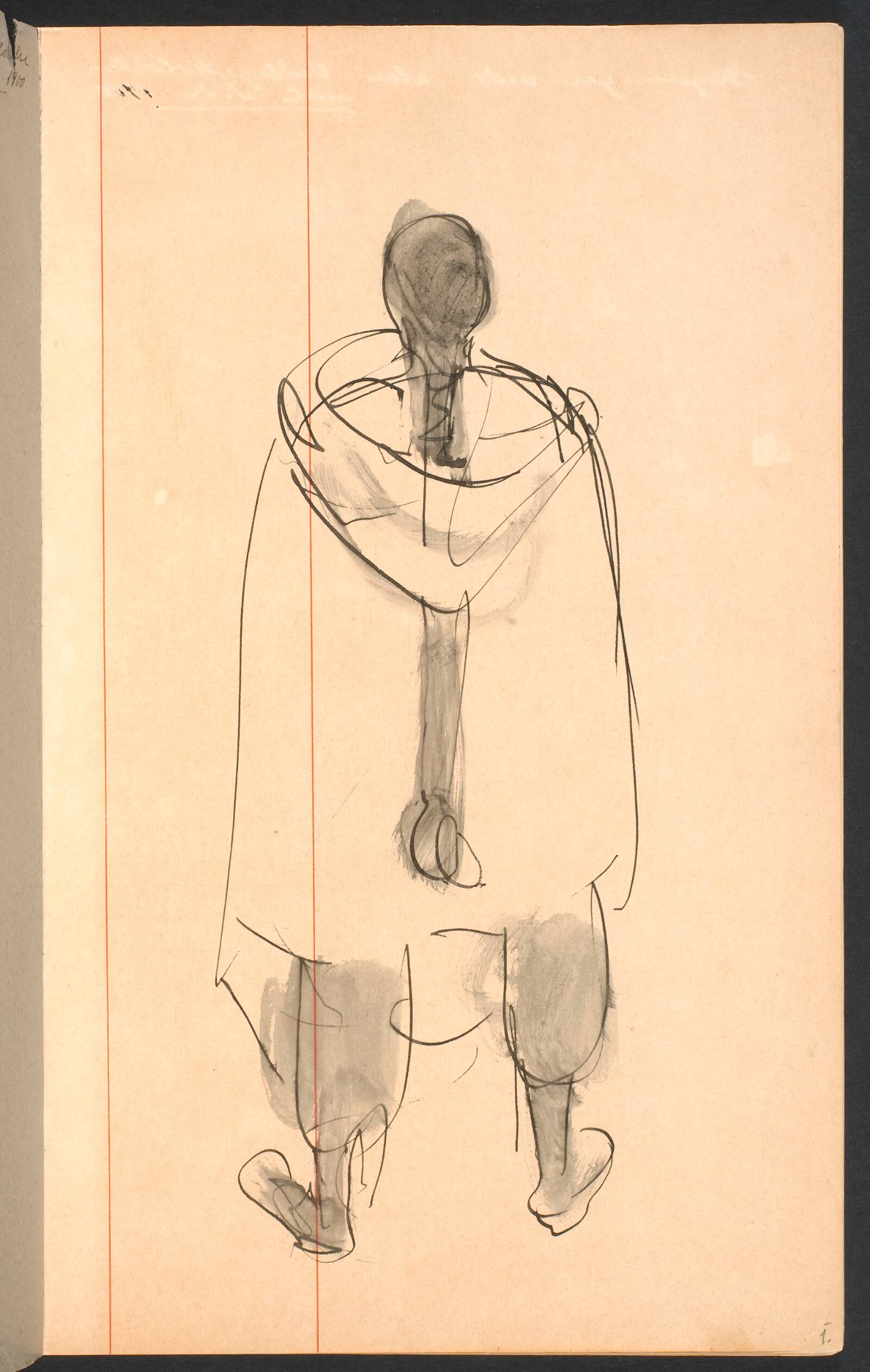 Rygvendt model, stående iført poncho og knæbukser, Gottfred Eickhoff, 1955