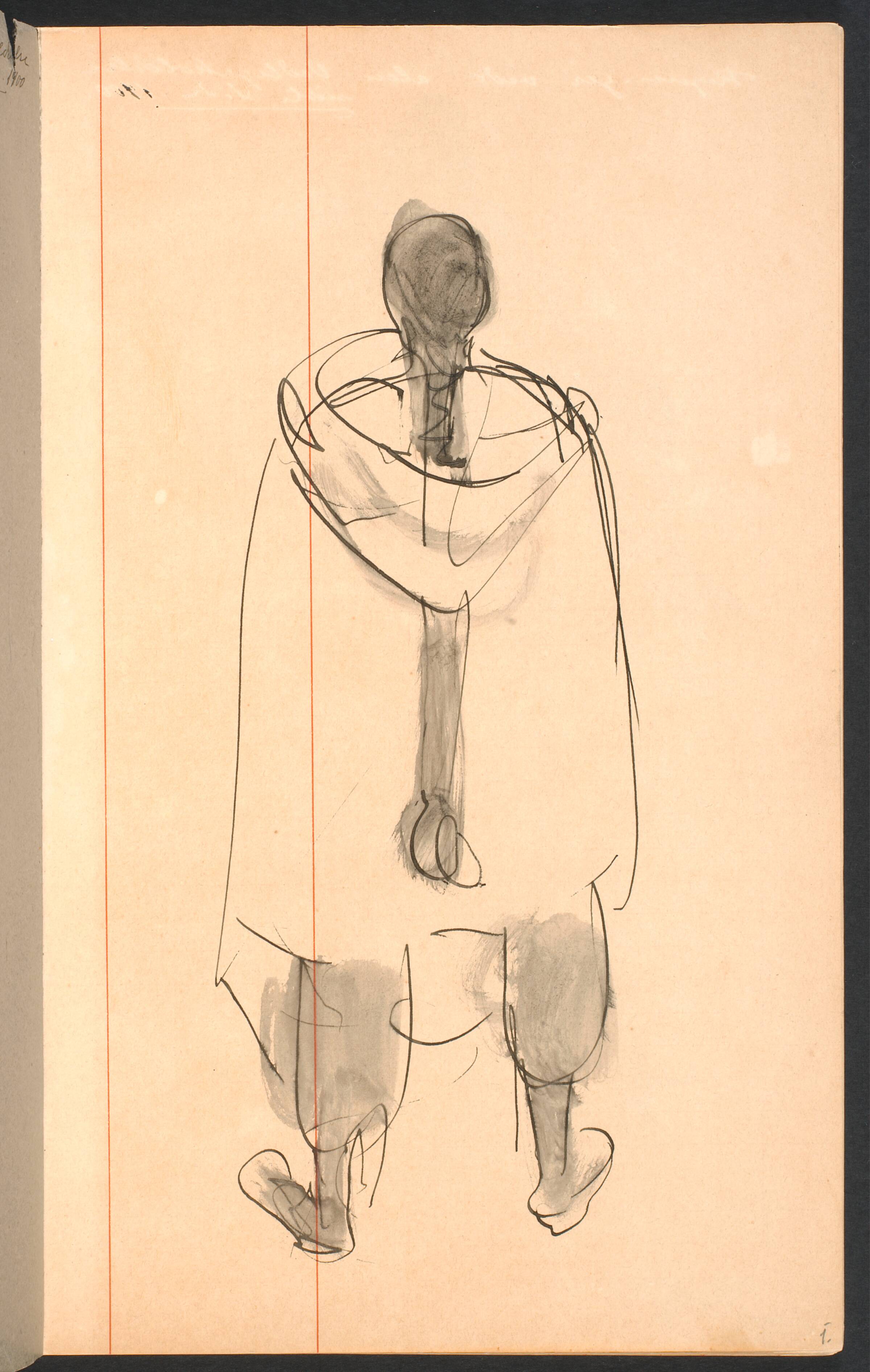 Rygvendt model, stående iført poncho og knæbukser, Gottfred Eickhoff, 1955
