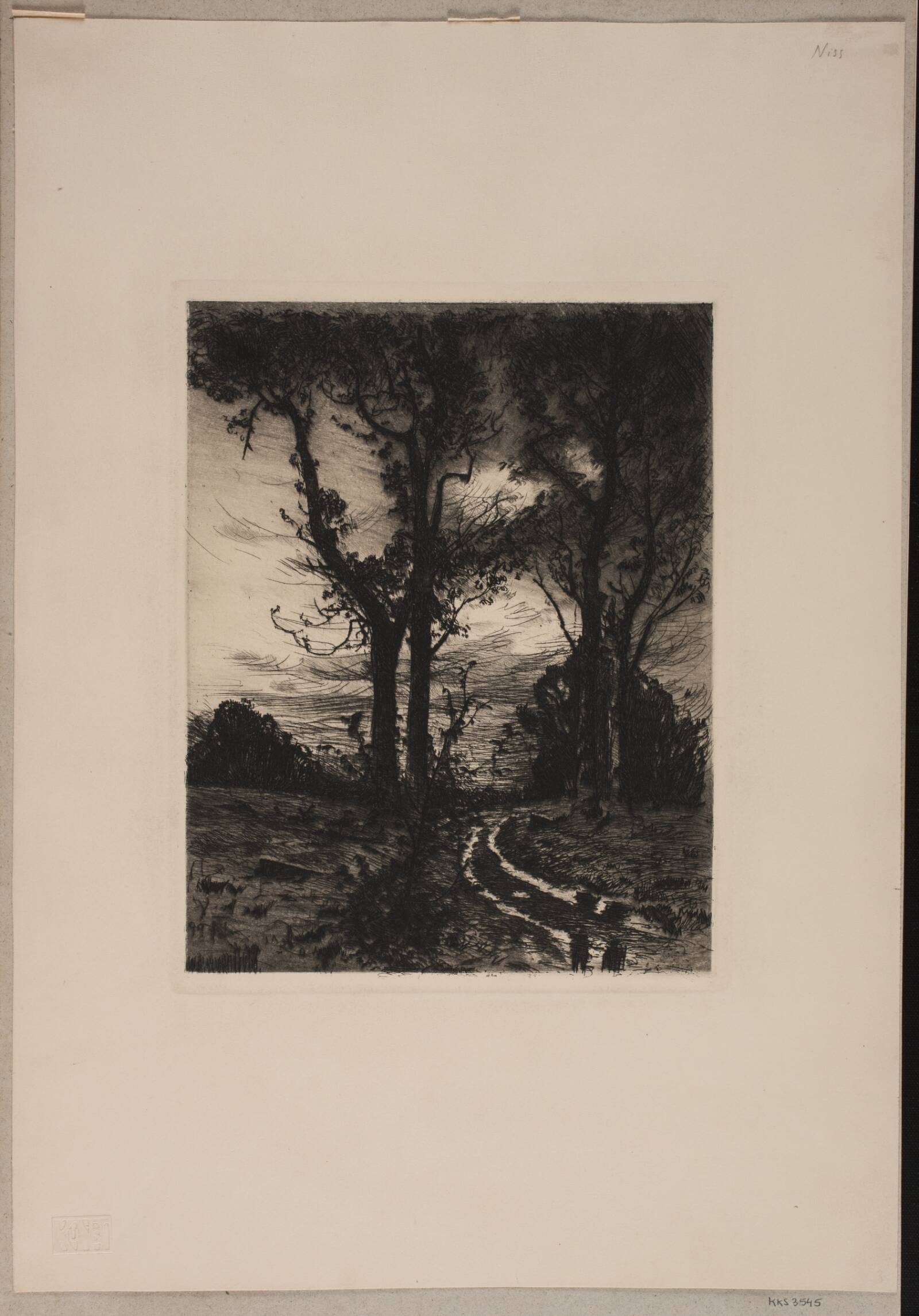 Opkørt vej mellem træer, Thorvald Niss, 1899