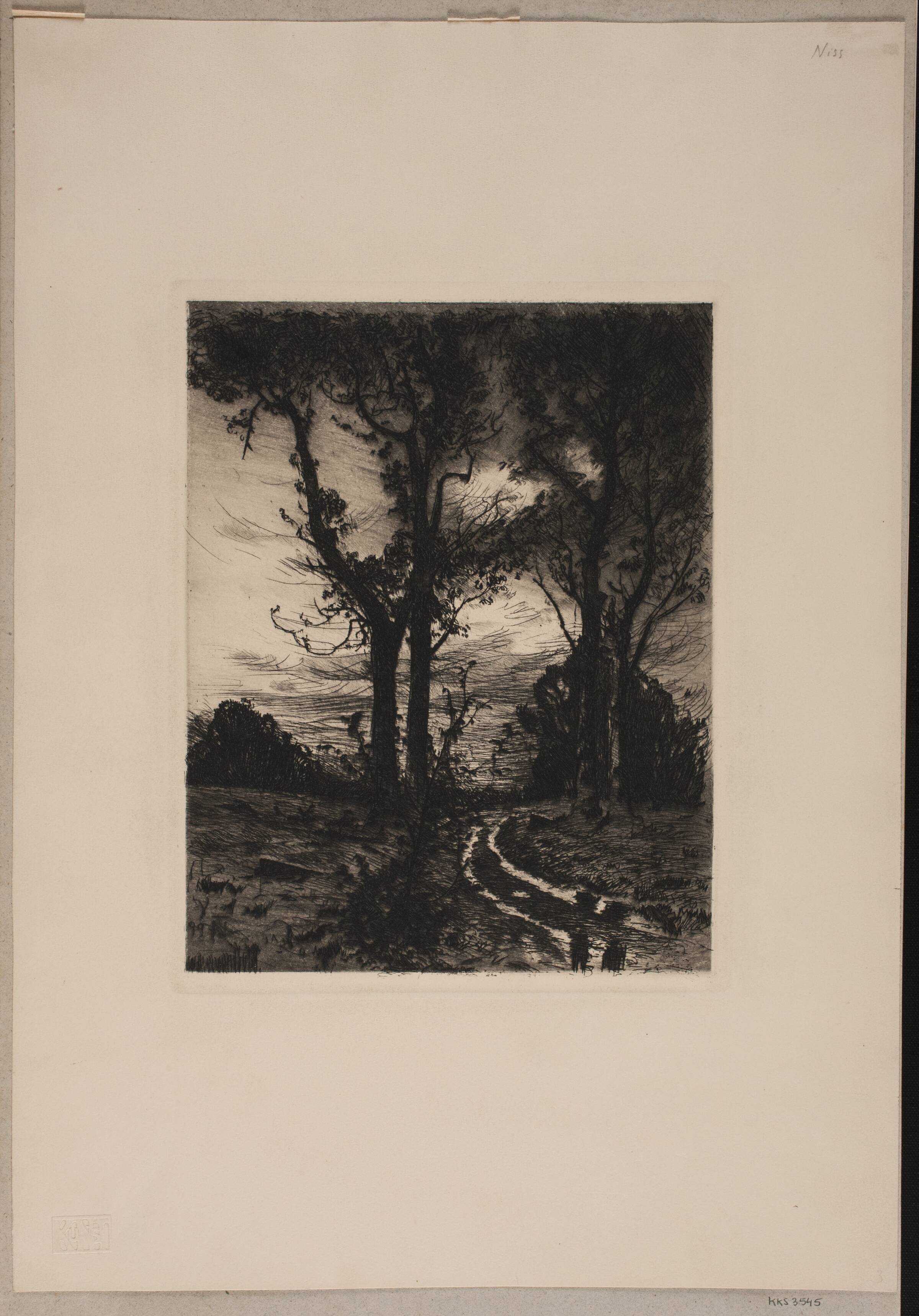 Opkørt vej mellem træer, Thorvald Niss, 1899