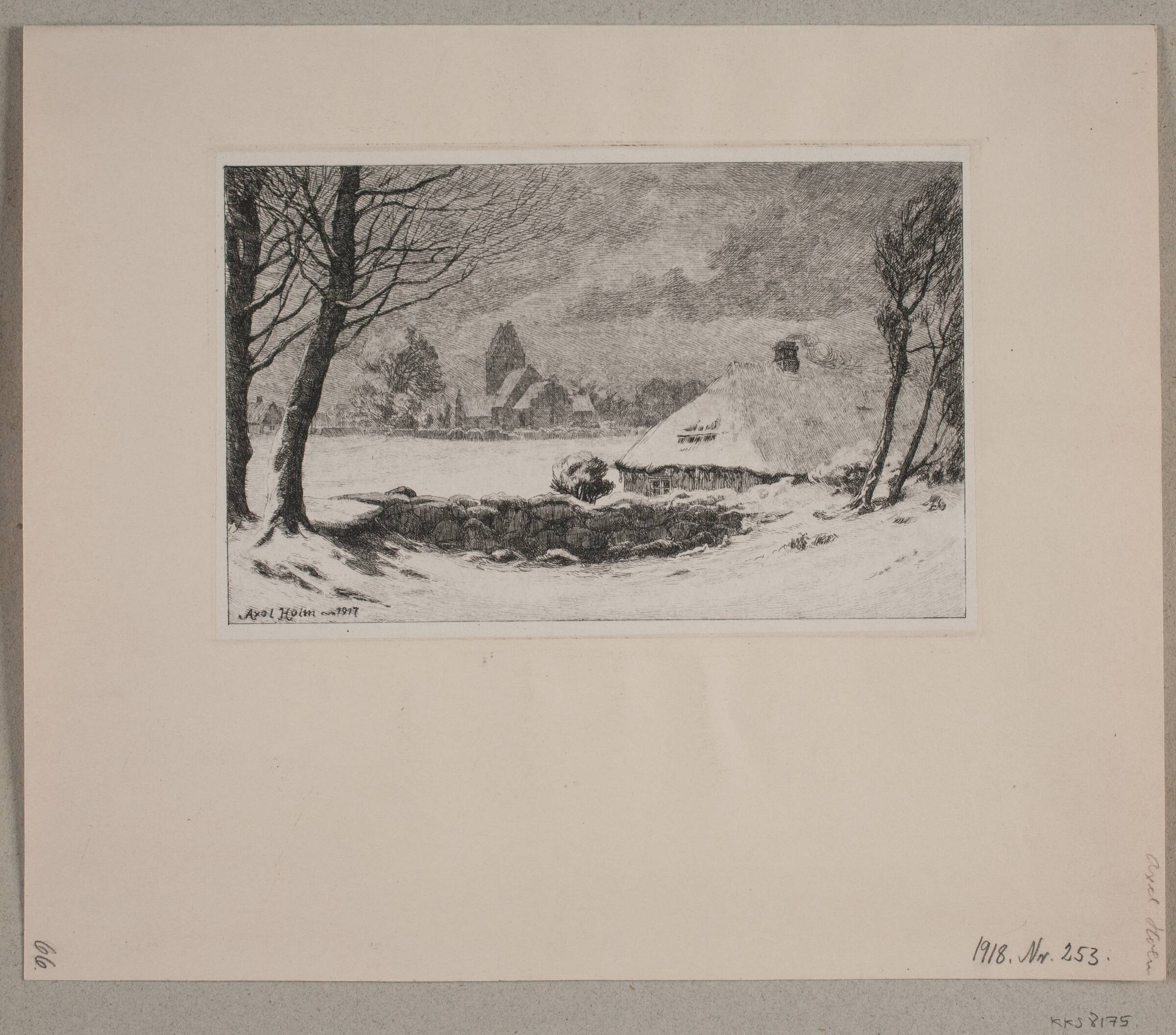 Vinterlandskab med bondehus og kirke, Axel Holm, 1917