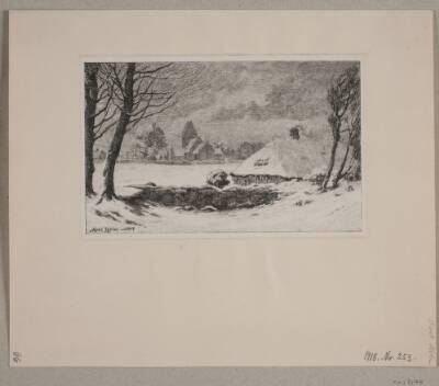 Vinterlandskab med bondehus og kirke