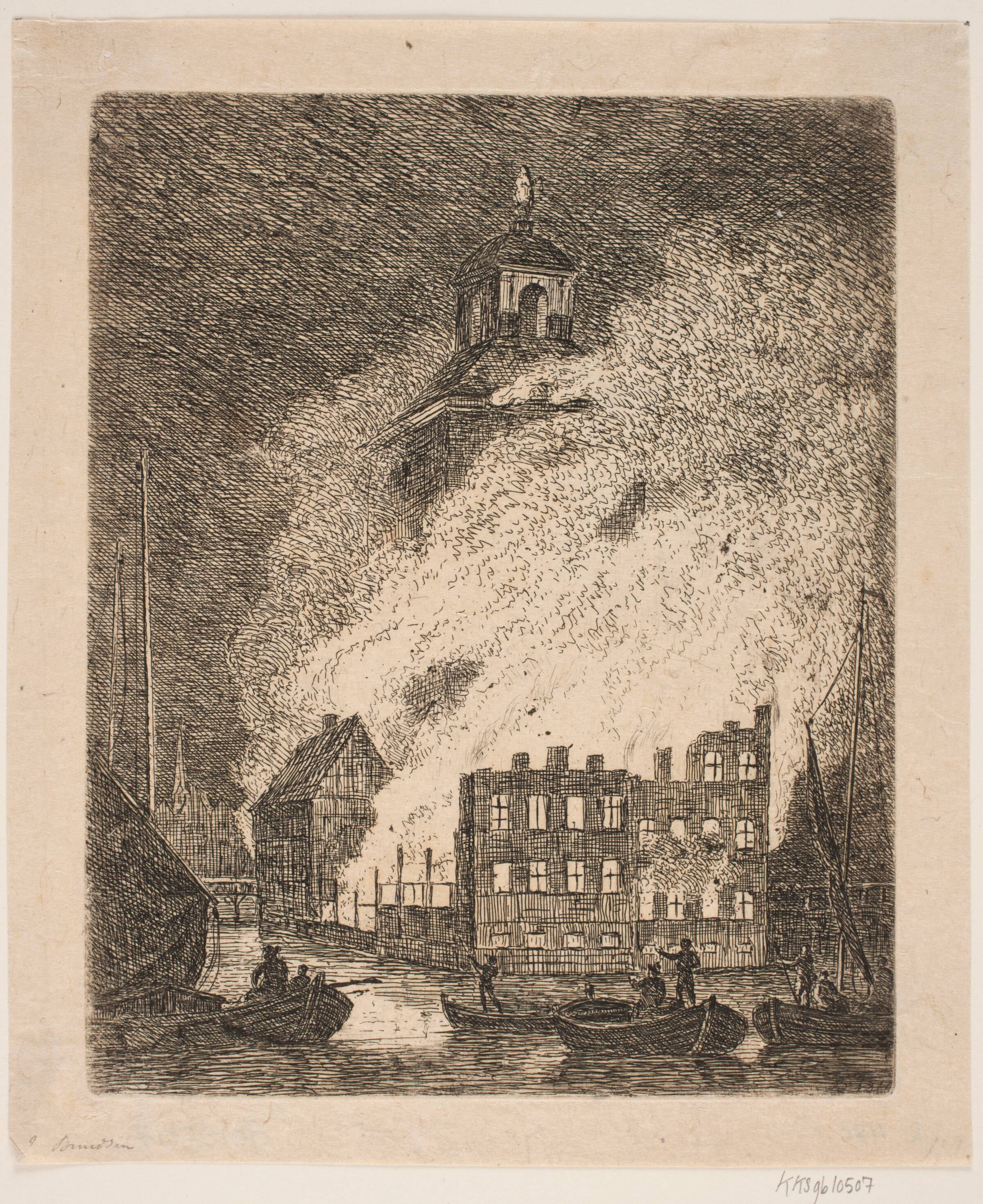 Ildebrand i stor bygning ved en flod, Jes Bundsen, 1816