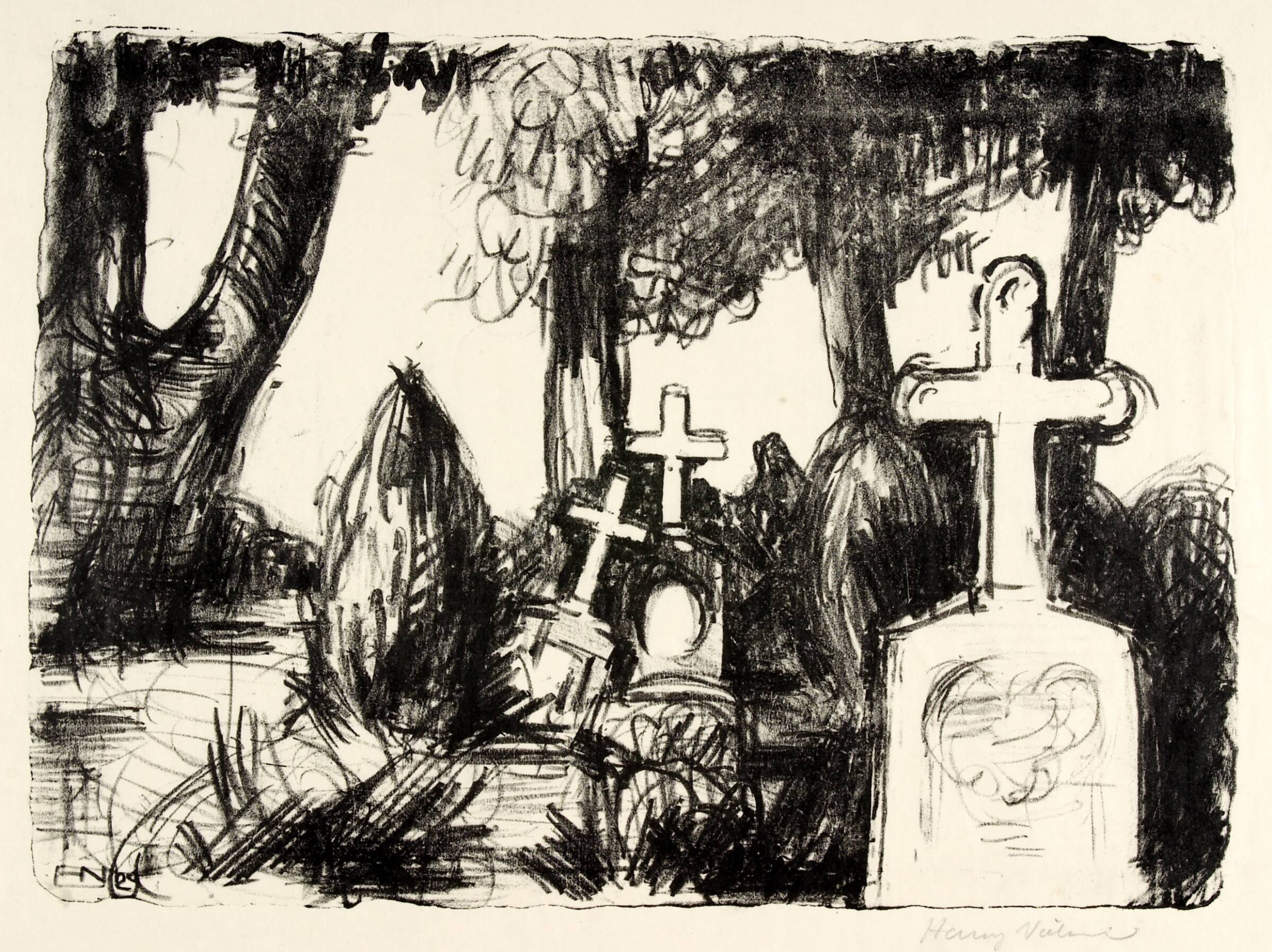 Kirkegård med tre gravstene, Henry Nielsen, 1929