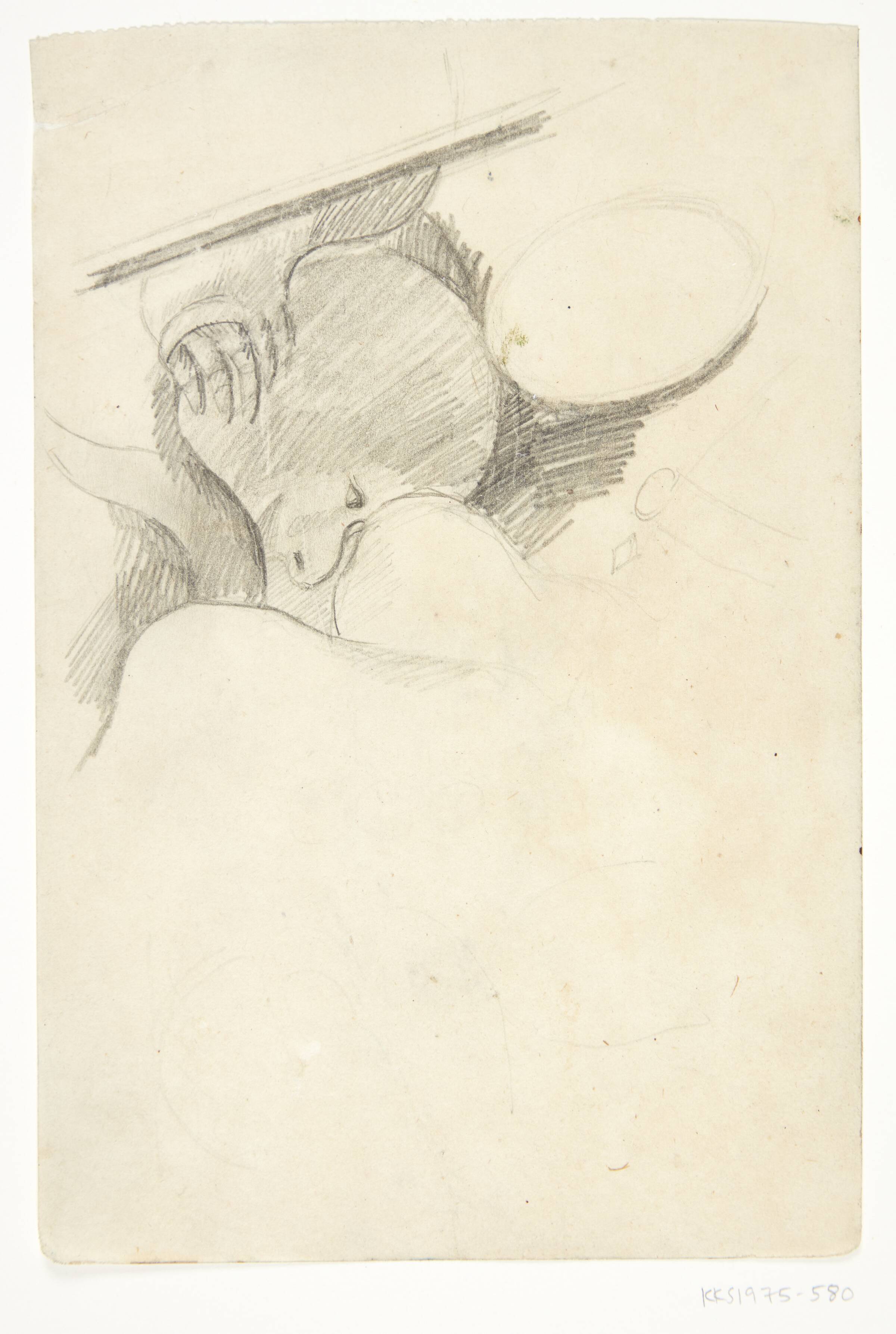 En krigers bøjede, blottede hoved mellem rustninger og hesteben. Kompositionsskitse til P. Uccellos "La Battaglia", William Scharff, 1901-1959