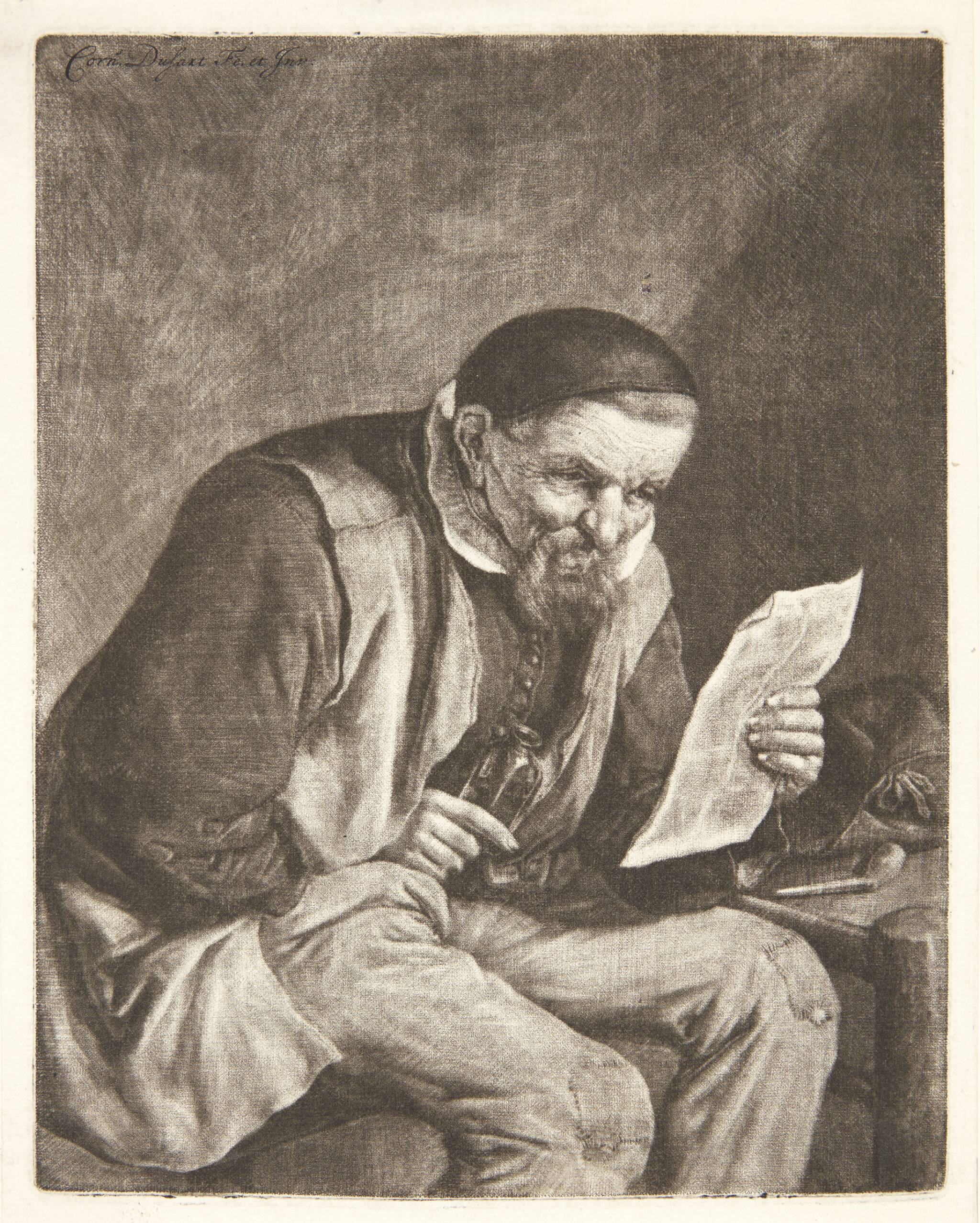 Siddende bonde, der læser et brev