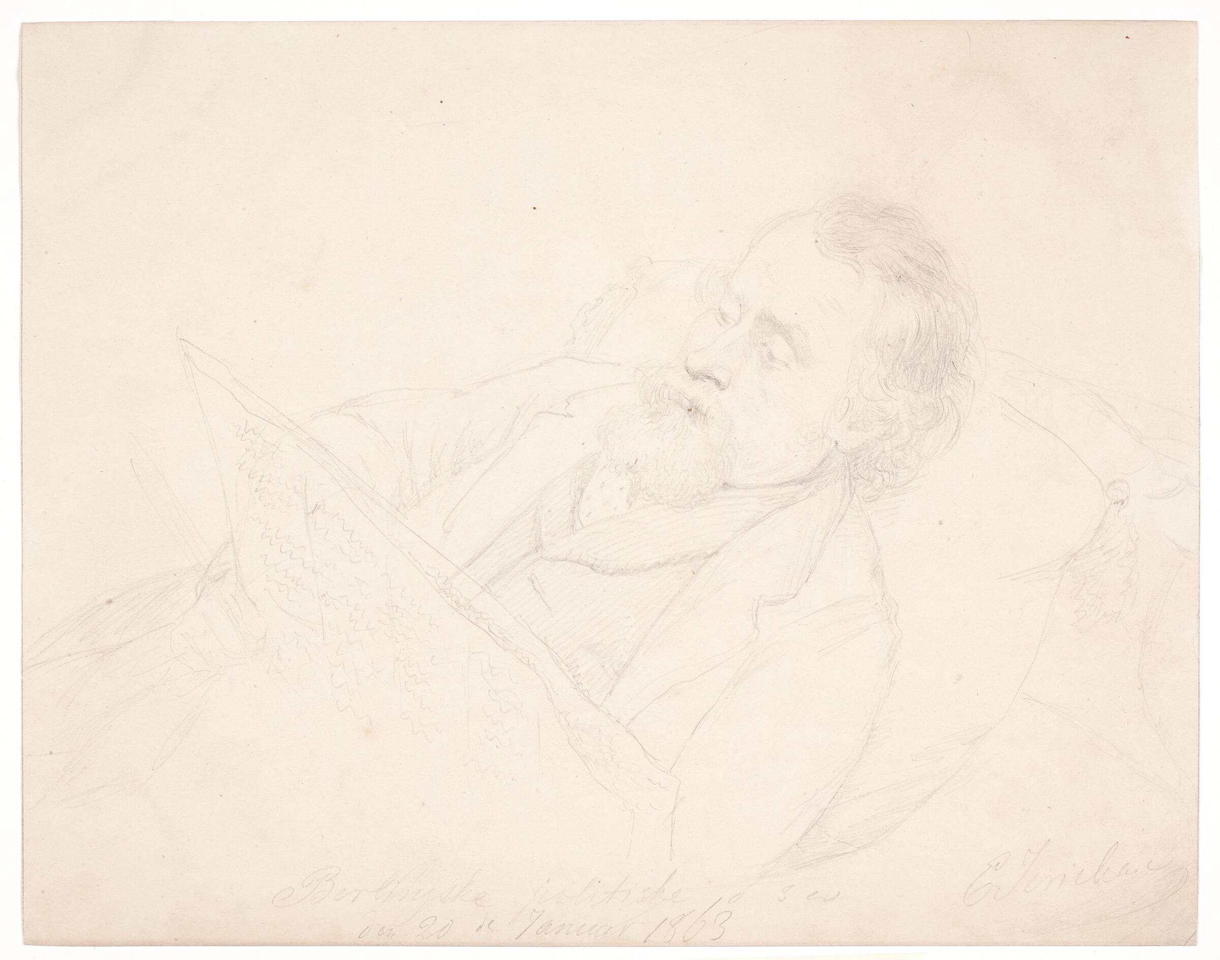 Portrætstudie af J. A. Jerichau liggende på en sofa og læsende en avis, Elisabeth Jerichau Baumann, 1863