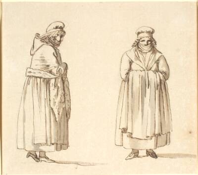 To almuekoner med tørklæder for munden, den ene i profil den anden set forfra