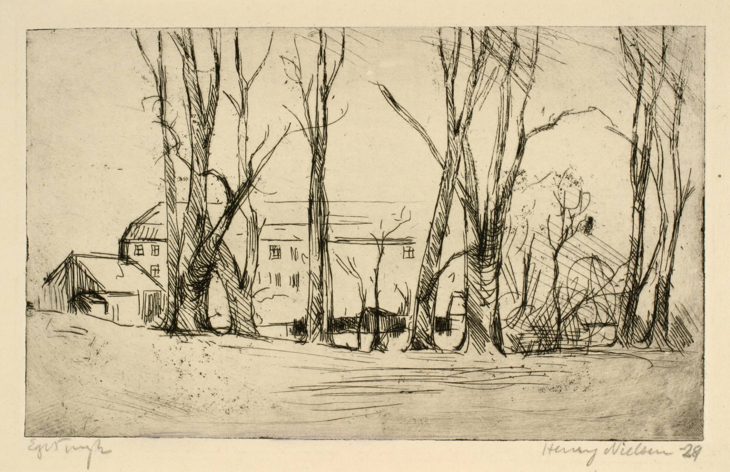 Hospitalslignende bygning set mellem store træer, Henry Nielsen, 1929