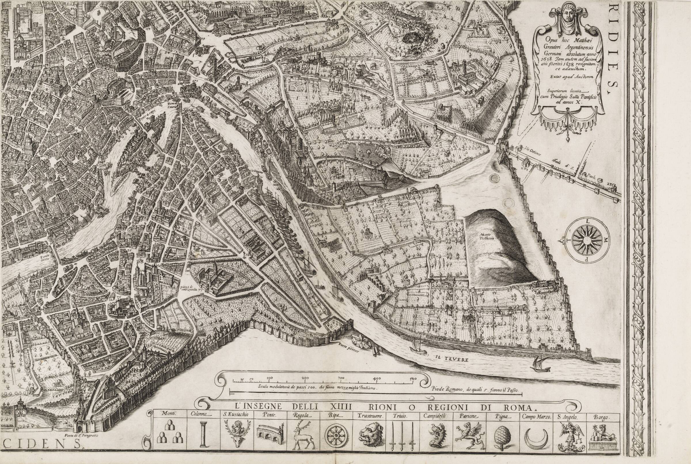 Kort over Rom med de syv pilgrimskirker. Nederste højre del, Matthäus Greuter, 1618