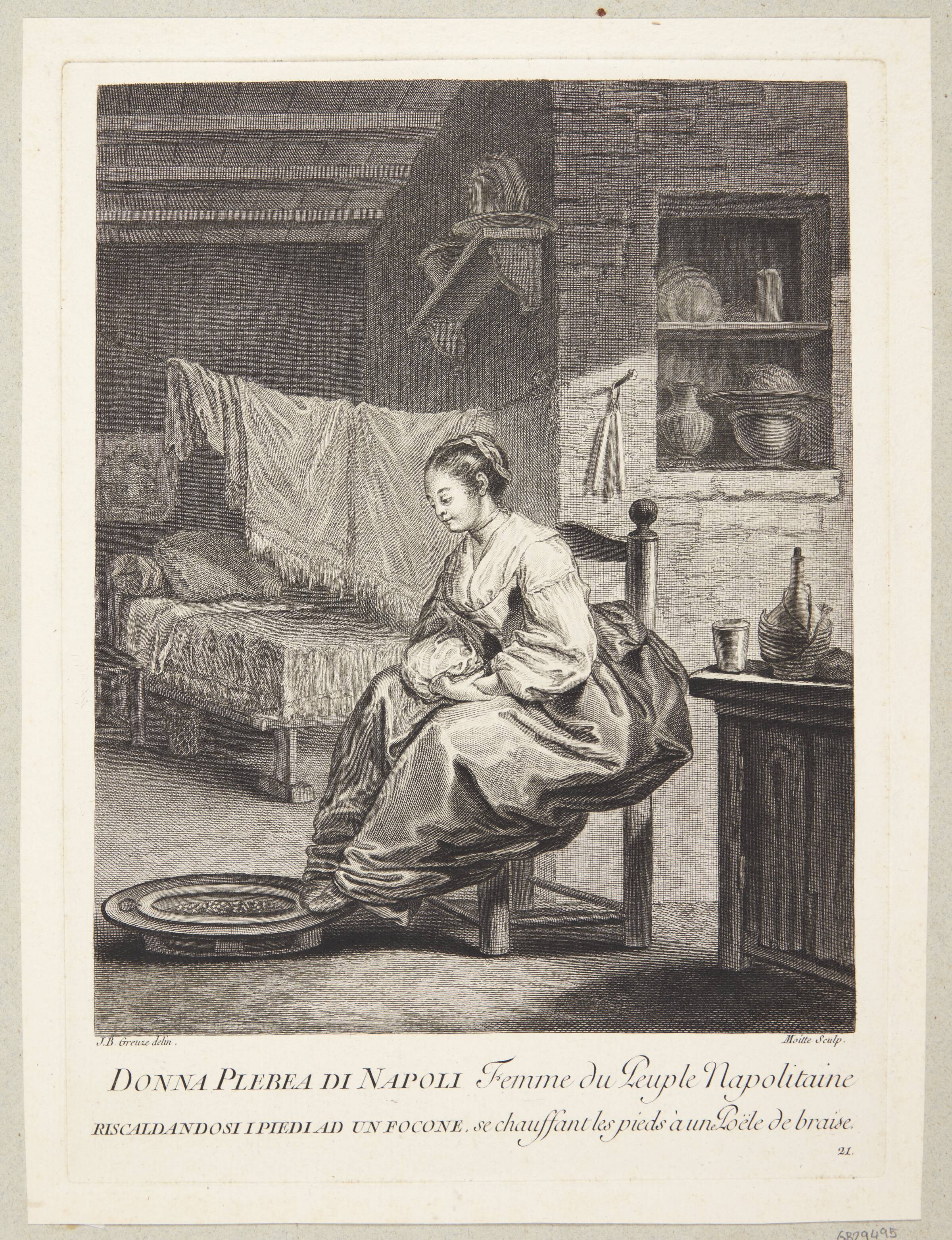 Kvinde fra Napoli (Femme du Peuple Napolitaine se chauffant les pieds à une Poële de braise), Pierre Etienne Moitte, 1760-1769