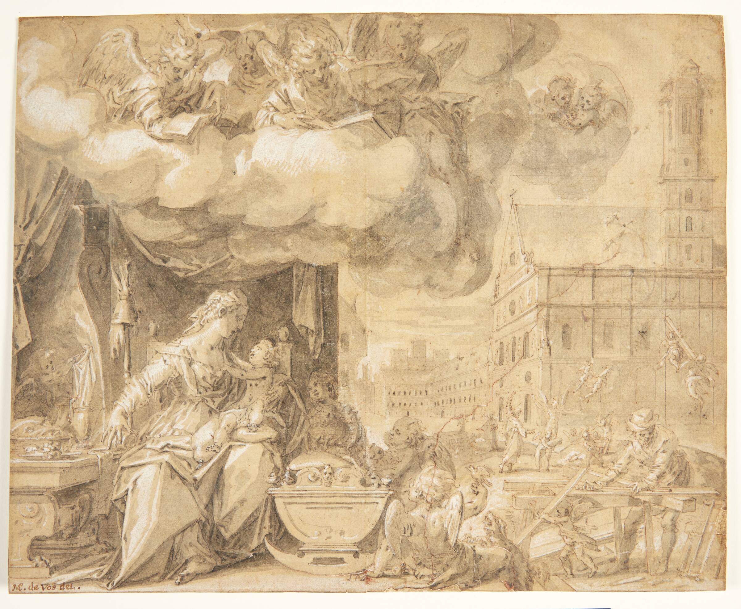 Den hellige familie. F.o. syngende engle. I baggrunden Michaelskirken i München til hvis tårn engle bringer byggemateriale, Friedrich Sustris, 1540-1599