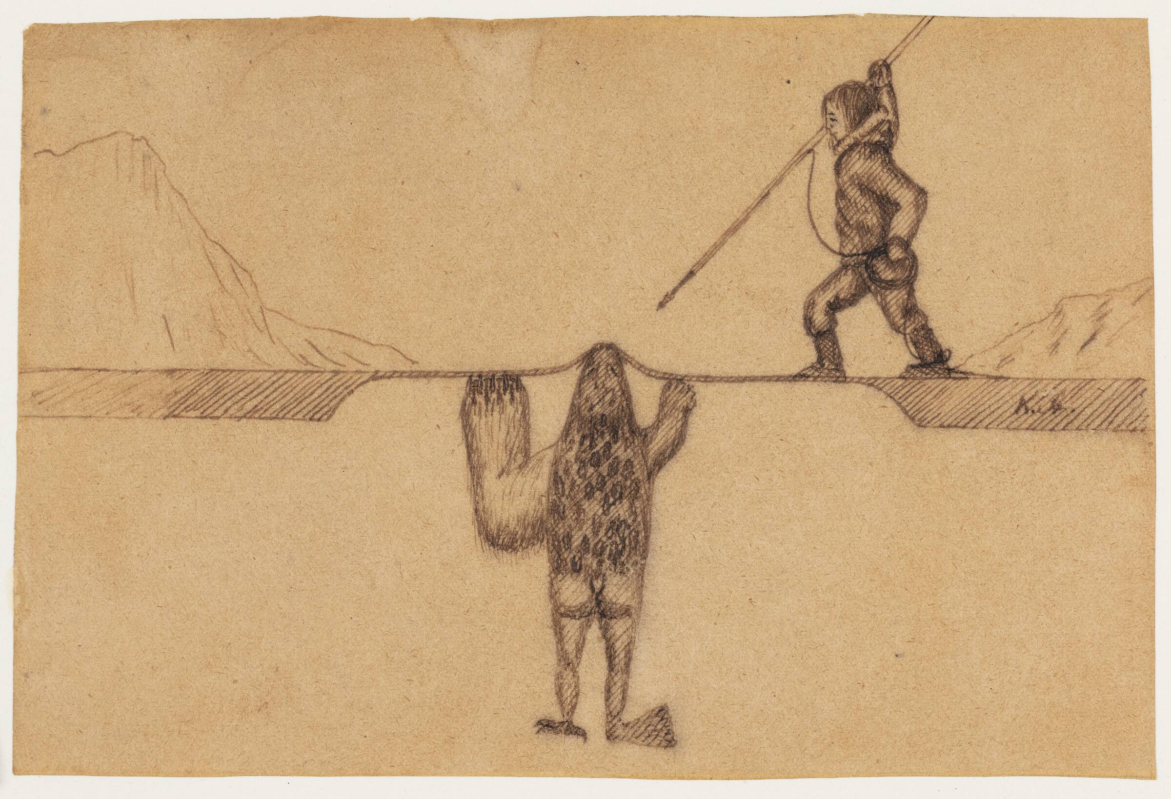Motiv fra et østgrønlandsk sagn (En fanger løfter sin harpun mod et havvæsen, tupilak, der er halvt sæl halvt sæl halvt menneske og med en bjørneluffe og fugleklo), Kaarale Andreassen, 1927-1928